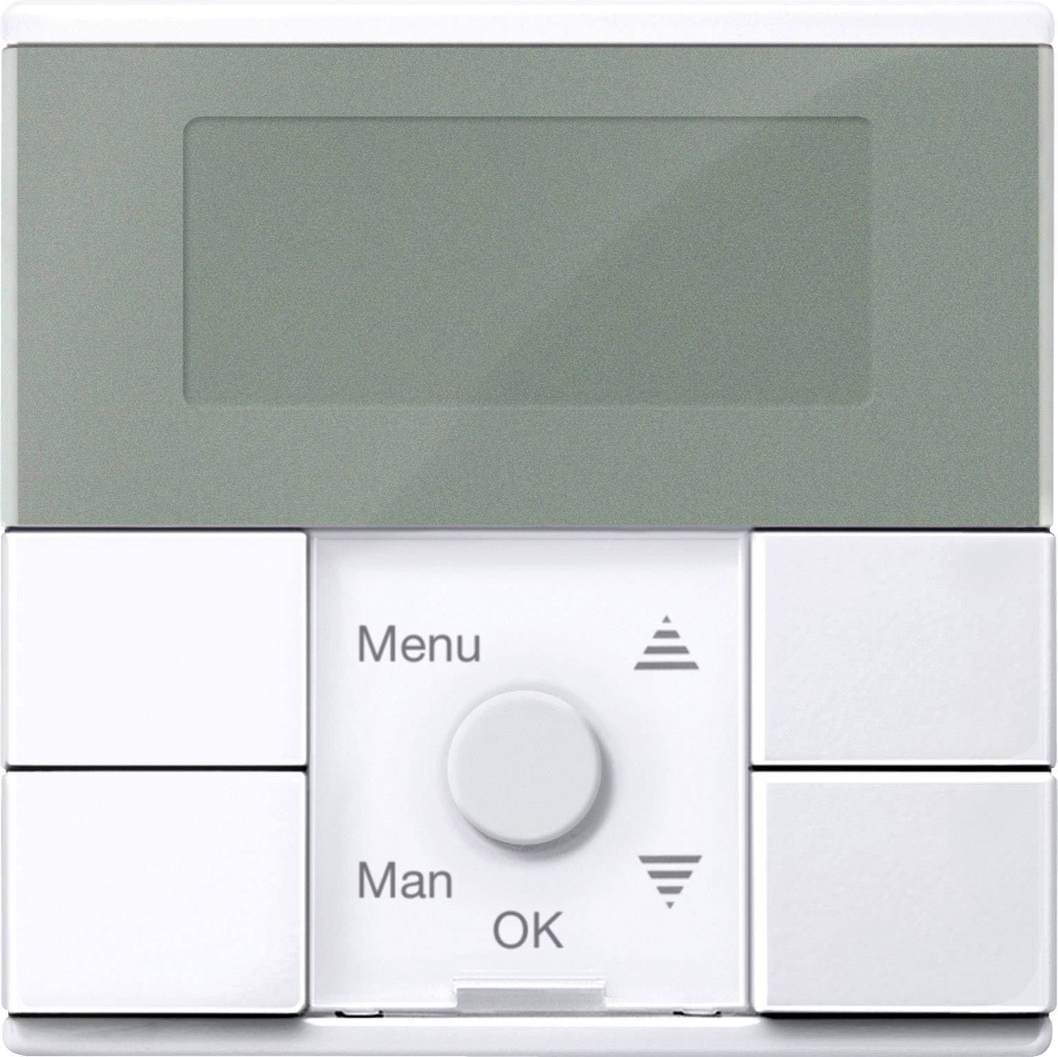 Ein Wandthermostat mit einem digitalen Display und fünf Tasten: 'Menu', 'Man', 'OK' und Pfeilsymbole für die Einstellung.