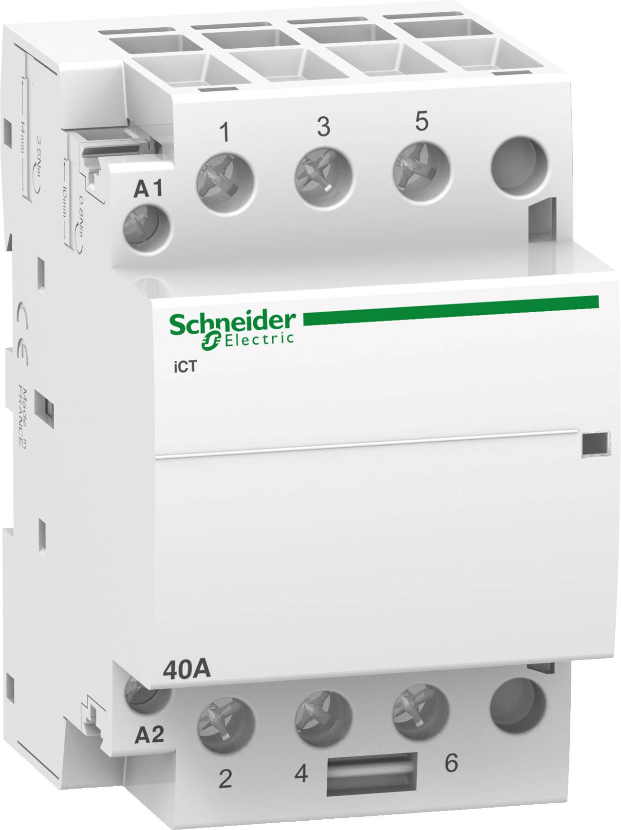 Schütz von Schneider Electric, Modell iCT, 40A, mit sechs Anschlussklemmen und Steuerkontakte A1, A2, zur Hutschienenmontage.