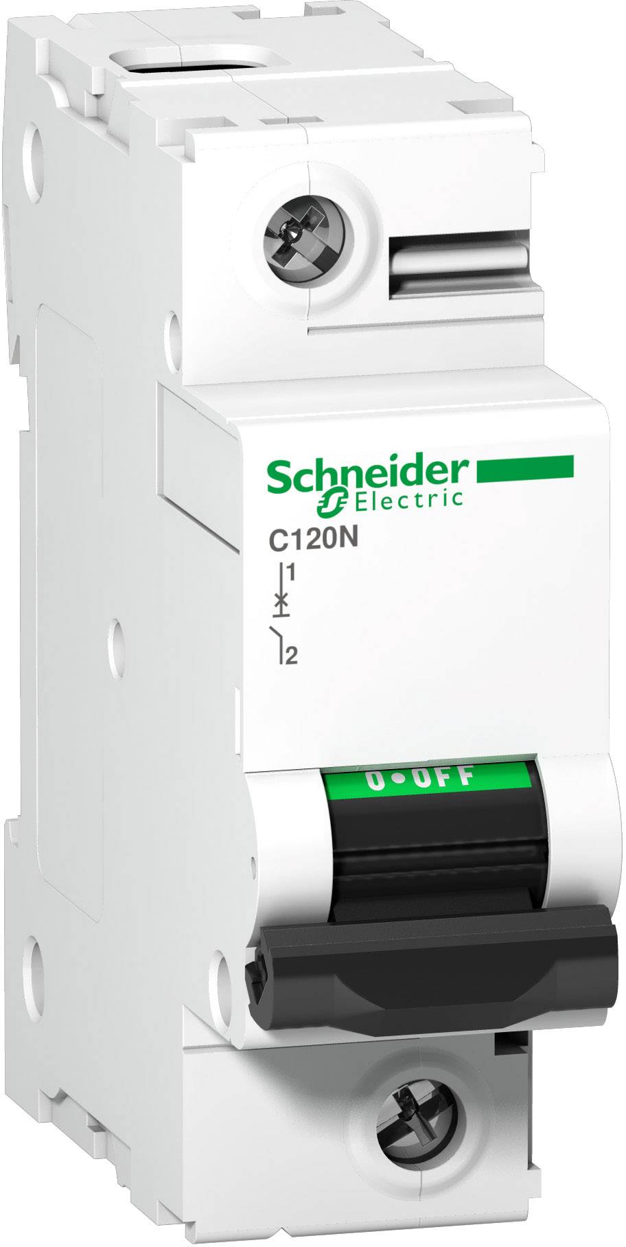 Weiße Sicherung von Schneider Electric, Modell C120N, mit grünem Hebel, der auf 'OFF' steht; dient zum Schutz elektrischer Schaltkreise.