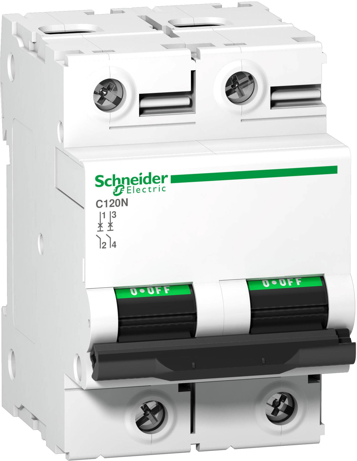 Ein weißer elektrischer Schutzschalter mit zwei Kippschaltern, beschriftet mit 'Schneider Electric'. Geeignet für elektrische Sicherungen.