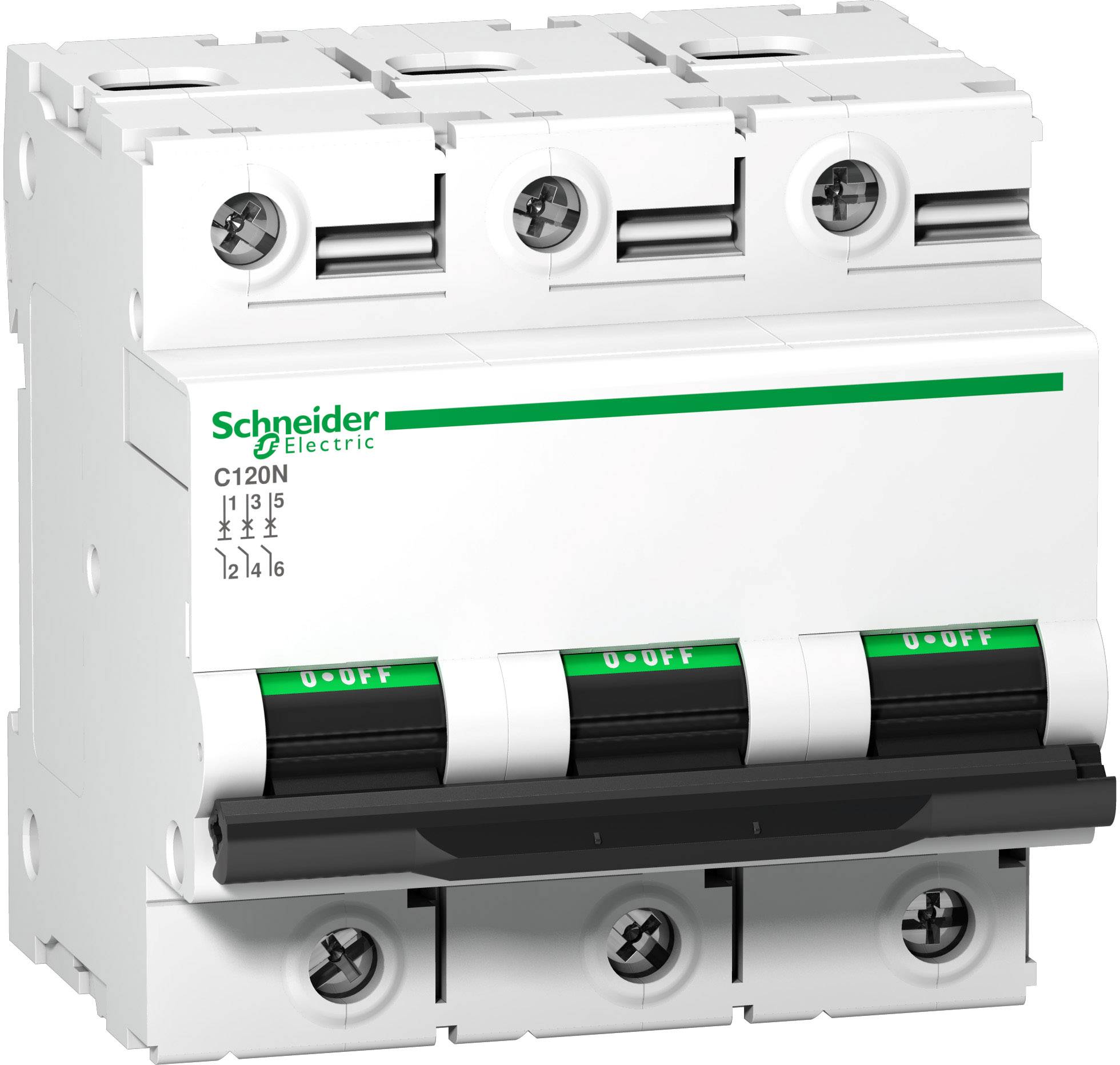 Dreipoliger Leistungsschutzschalter von Schneider Electric, Modell C120N, mit grünen Schaltern und elektrischen Spezifikationen aufgedruckt.