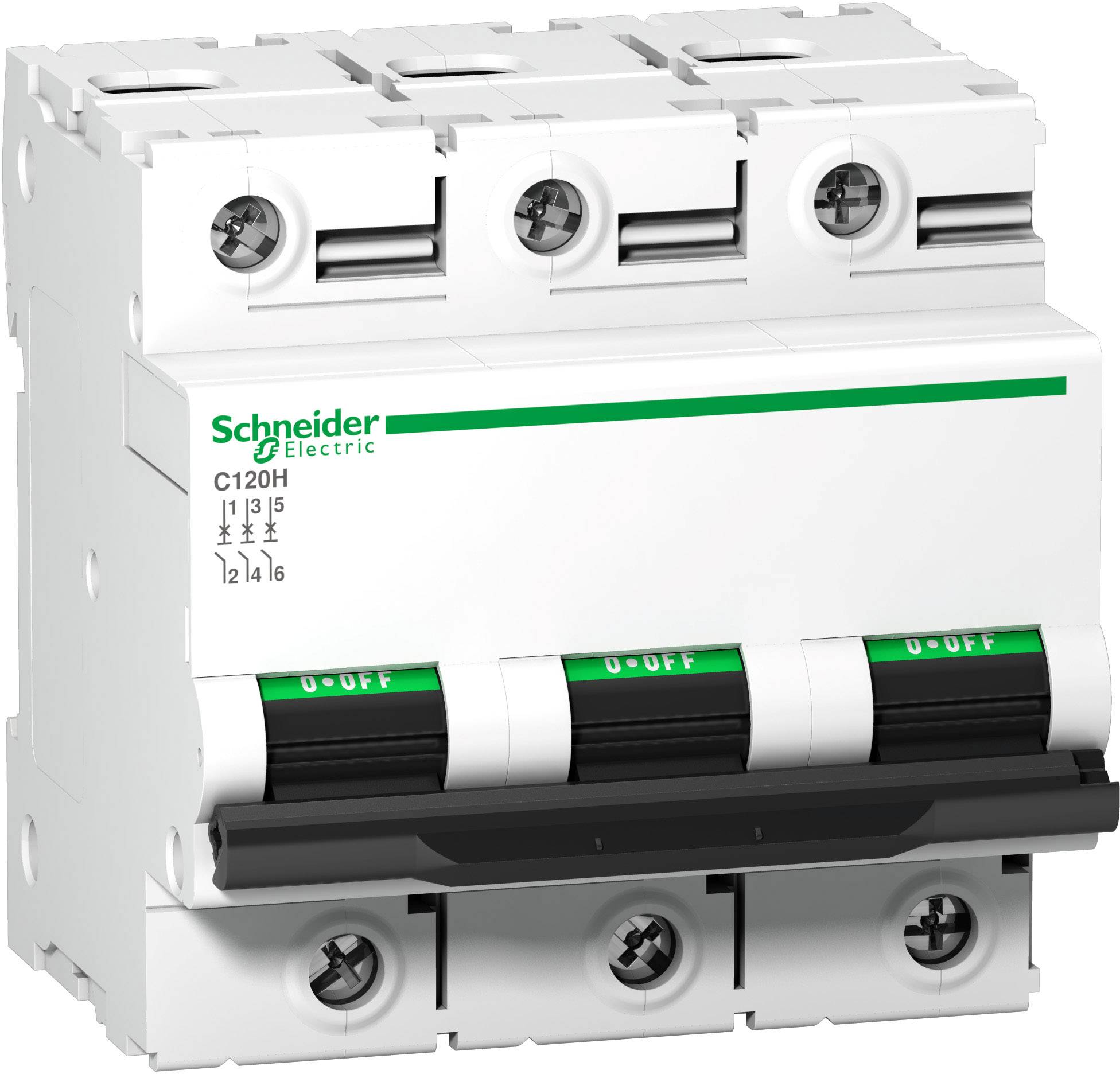 Ein dreipoliger Leistungsschalter von Schneider Electric mit grünen und weißen Markierungen, geeignet für Schutz und Steuerung elektrischer Schaltkreise.