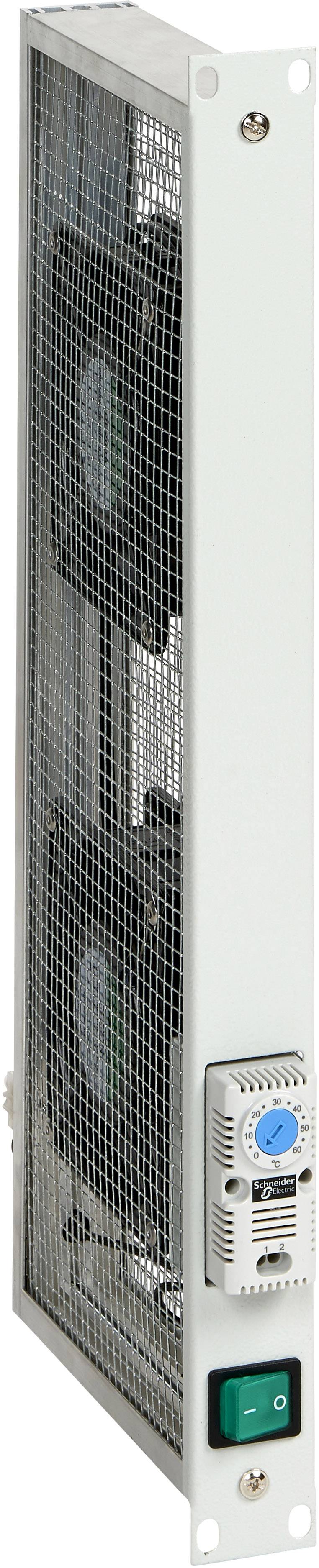 Ein Kastenkühlgerät aus Metall mit Schutzgitter, zwei Lüftern und einem grünen Ein-/Ausschalter. Verwendet zur Kühlung von Elektronik.