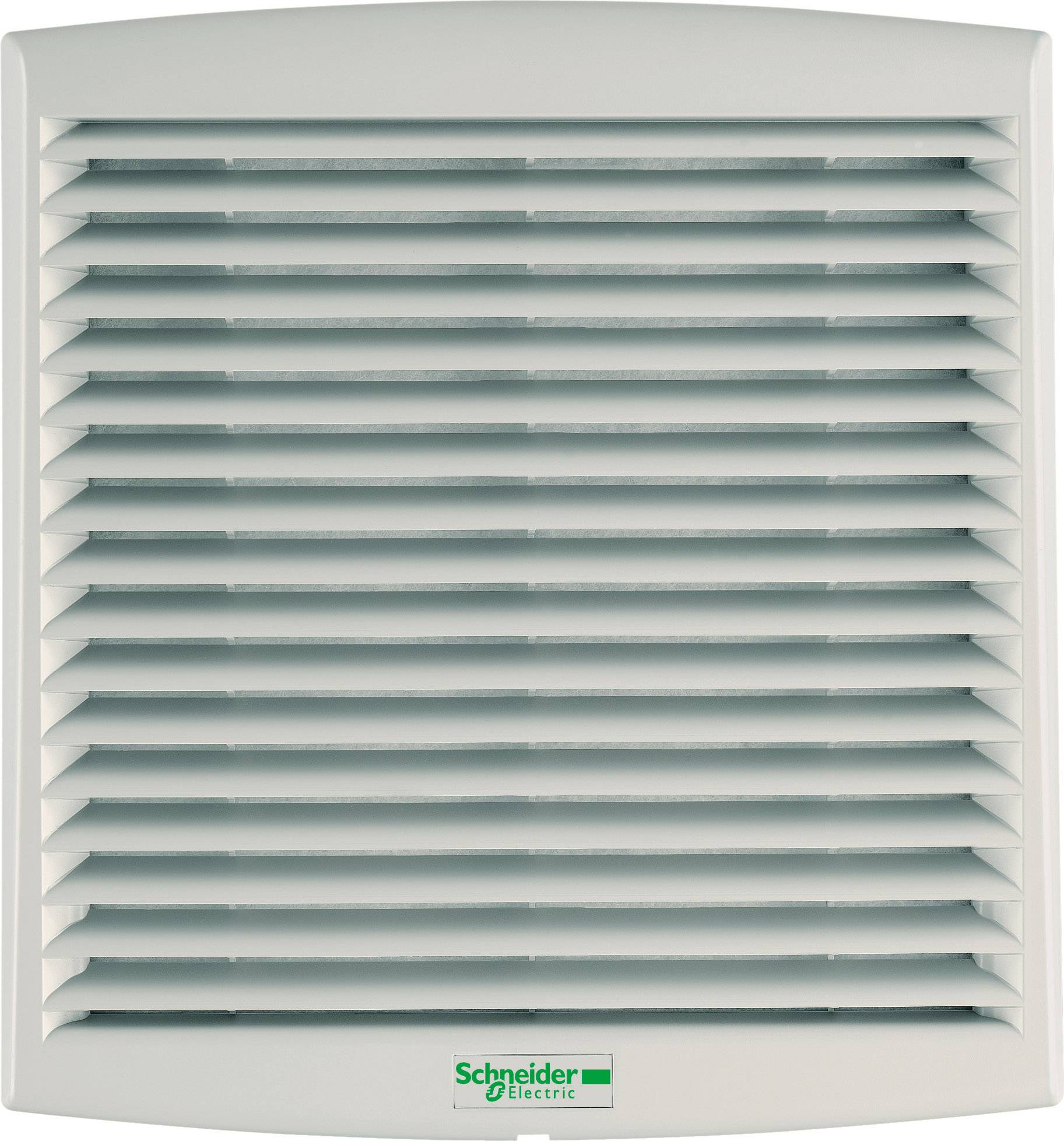 Ventilatorgitter von Schneider Electric mit horizontalen Lüftungsschlitzen, rechteckige Form.