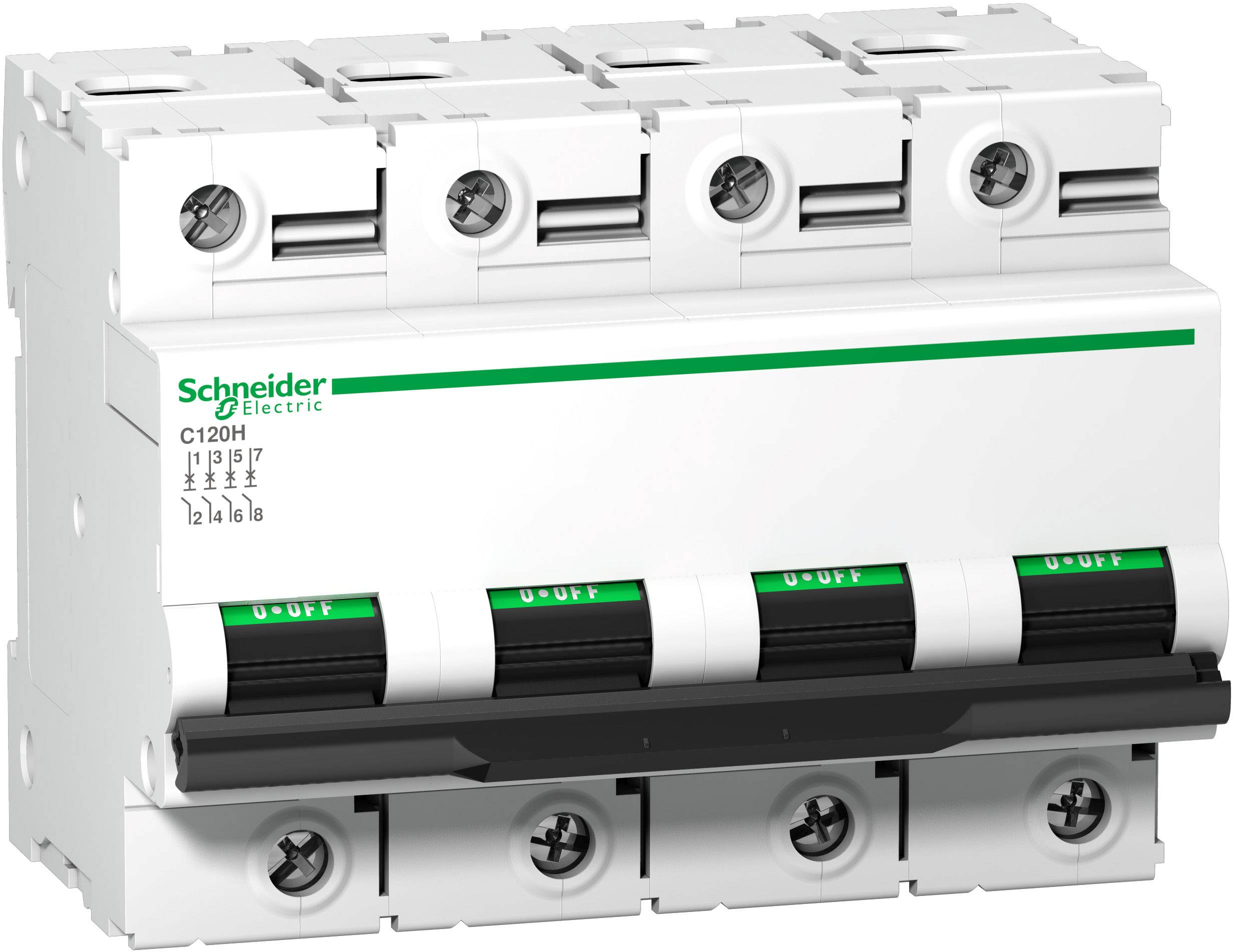 Leistungsschalter mit fünf Kippschaltern, beschriftet mit 'Schneider Electric'. Modell: C120H, 4-polig.