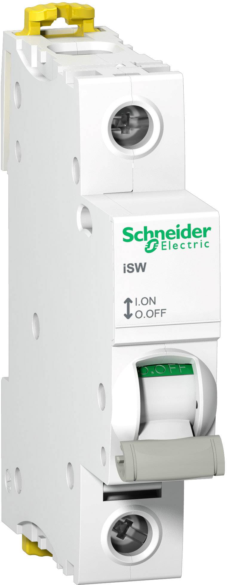 Ein einpoliger Leitungsschutzschalter von Schneider Electric, Modell 'iSW', mit grünem Schalterhebel und Aufschrift 'I.ON, O.OFF'.