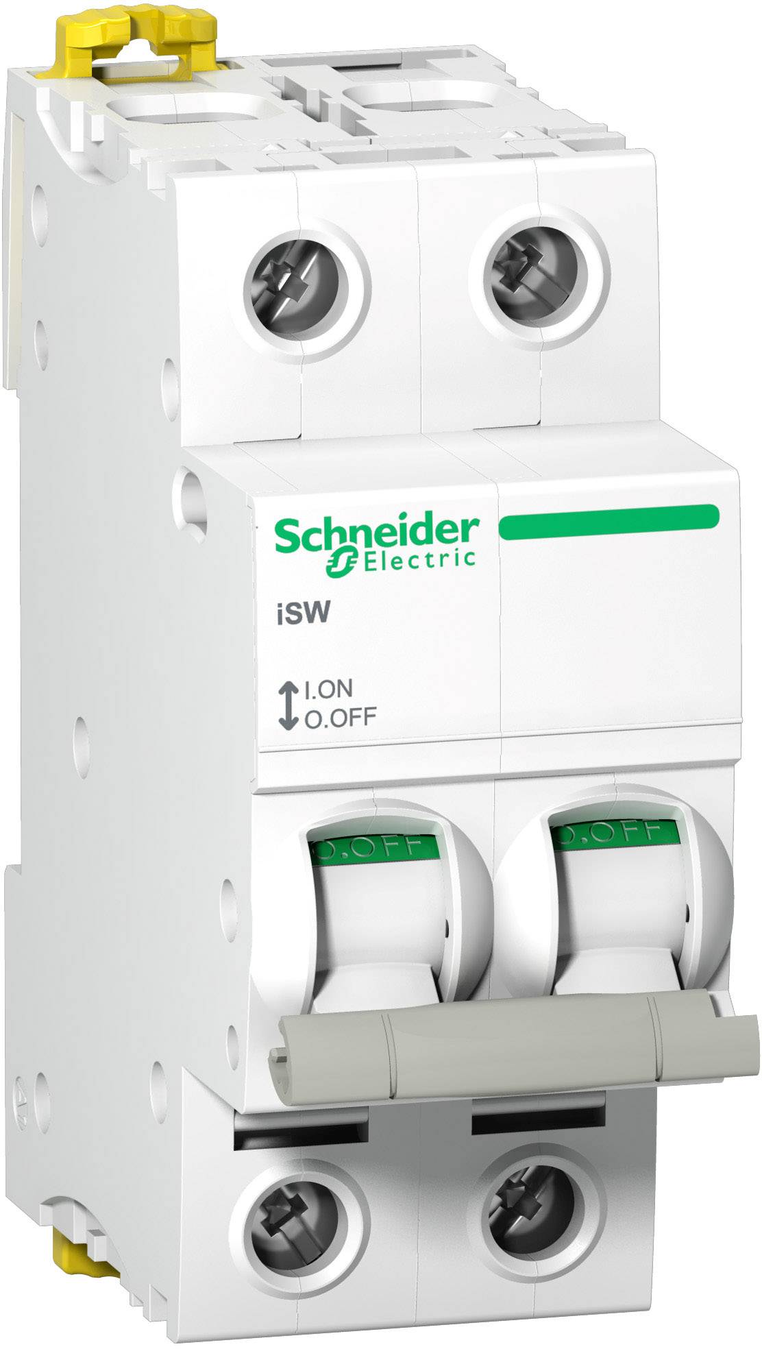 Ein weißer Schalterautomat von Schneider Electric mit zwei Kippschaltern, auf denen 'I.ON' und 'O.OFF' steht.