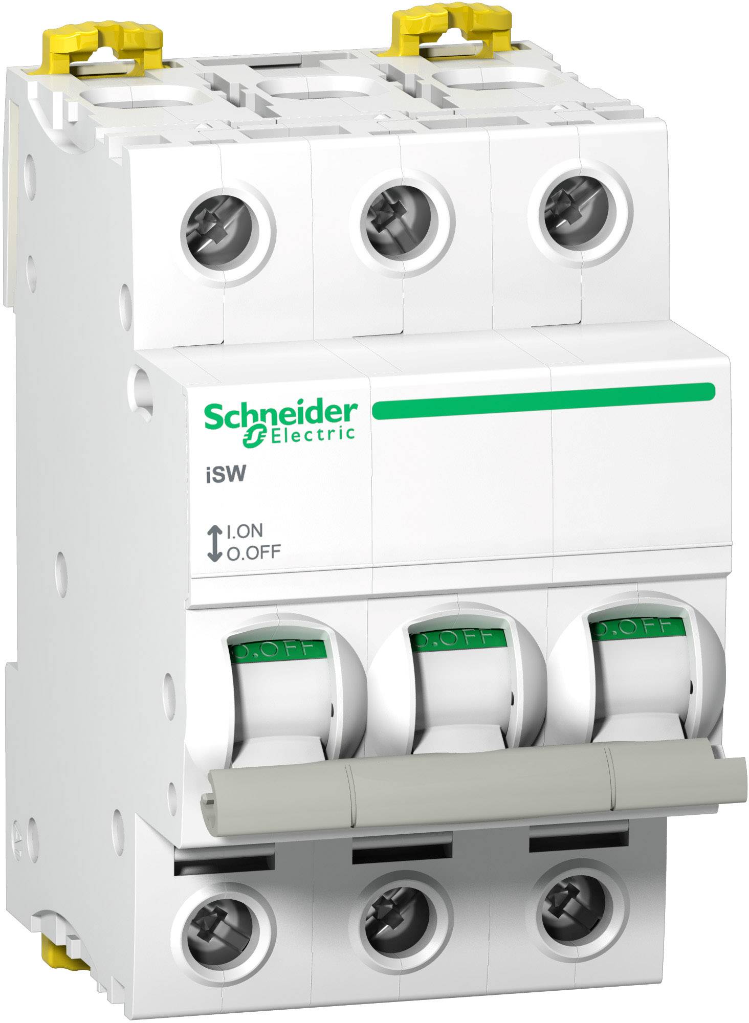 Dreipoliger Schutzschalter von Schneider Electric, Modell iSW, zeigt Schaltstellungen I und O. Weißes Gehäuse mit grünen Beschriftungen.