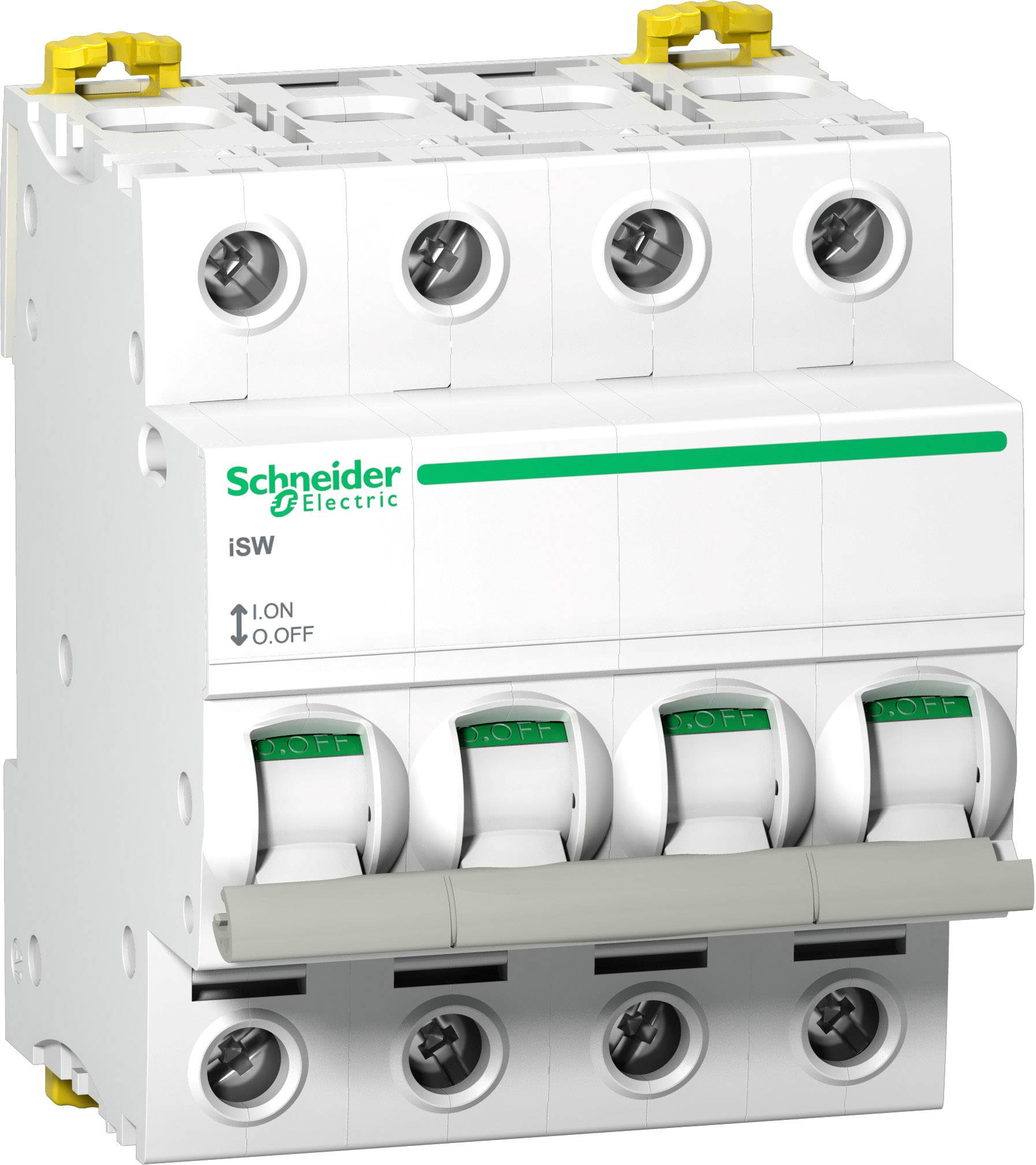 Ein elektrischer Leistungsschalter der Marke 'Schneider Electric' mit vier Schaltknöpfen, die Beschriftung 'iSW' und 'ON/OFF' ist sichtbar.