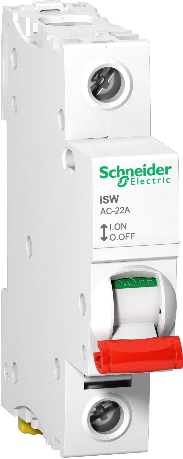 Ein weißer Leistungsschalter von Schneider Electric mit rotem Schalter und der Aufschrift 'ON' und 'OFF', Modell iSW AC-22A.