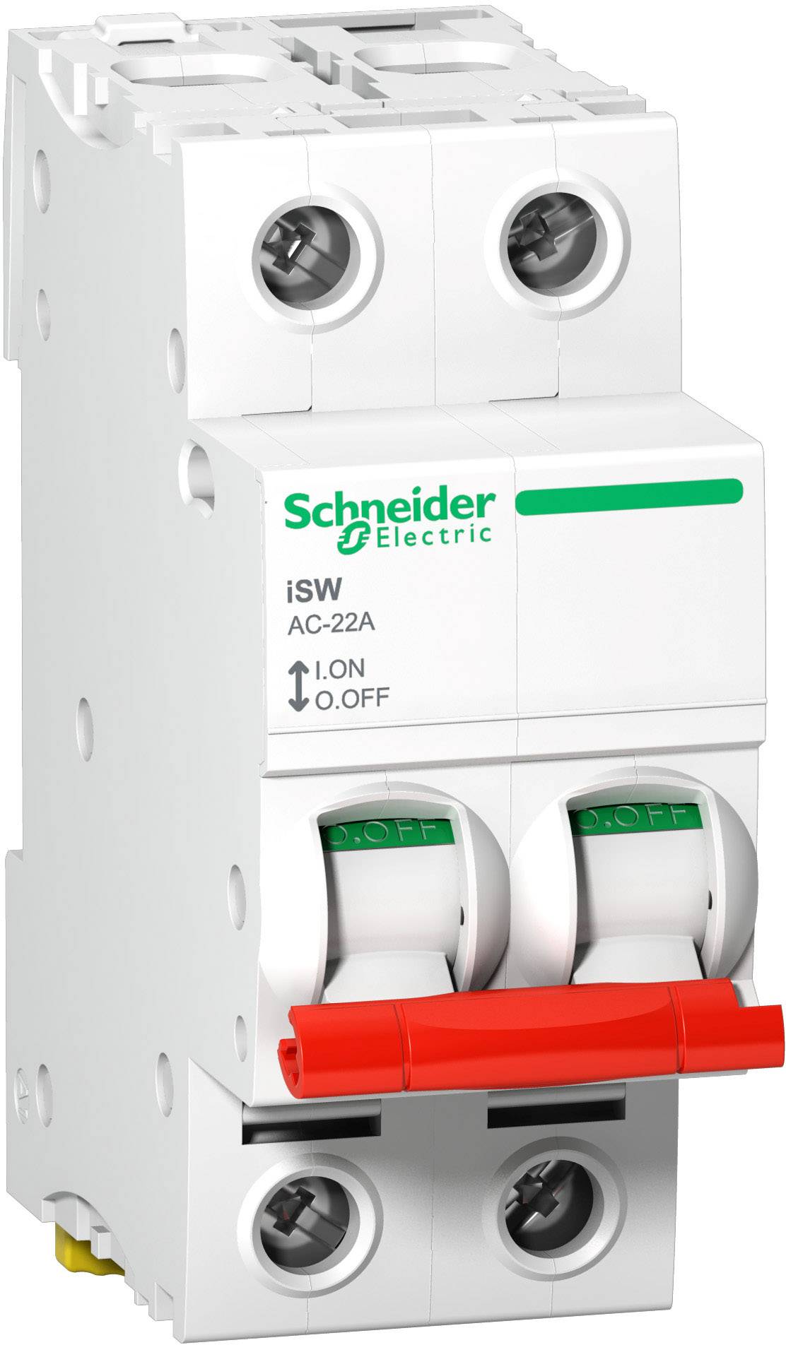 Schaltgerät von Schneider Electric, Typ iSW AC-22A, mit zwei roten Kippschaltern für Ein/Aus-Funktion.