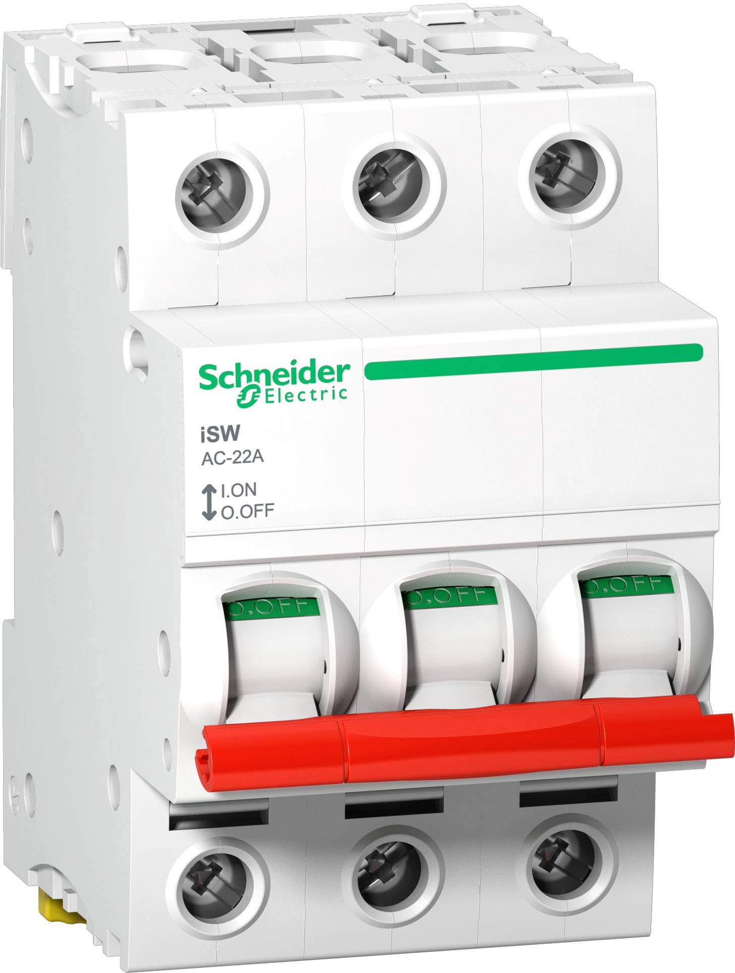 'Schneider Electric iSW, AC-22A, 1. ON, 0. OFF.' Ein elektrischer Schalter mit vier Einheiten und rotem Hebel unten.