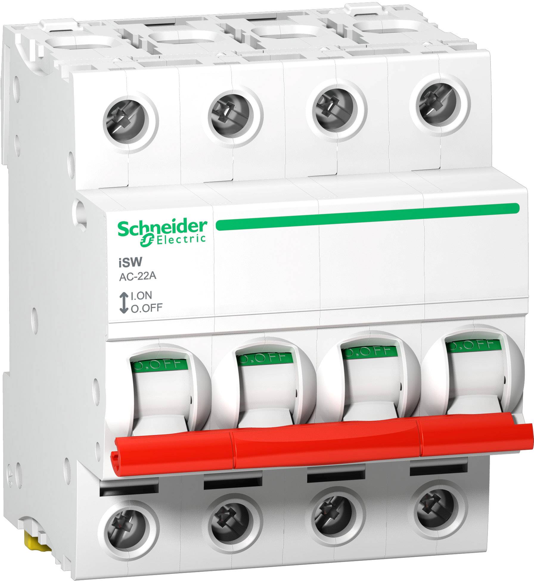 Ein 4-poliger Schutzschalter der Marke Schneider Electric, Modell iSW, AC-22A, mit rotem Hebel zum Ein- und Ausschalten.
