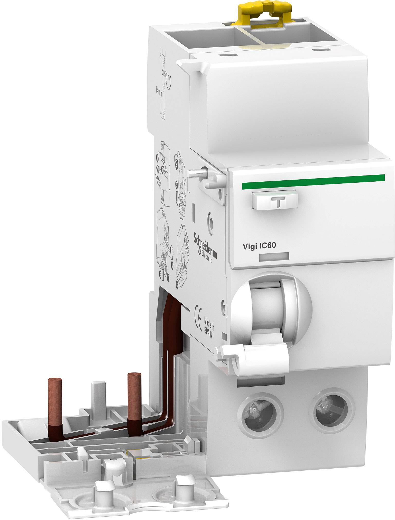 Ein weißer elektrischer Schalter mit Aufschrift 'Vigi iC60' und grünem Streifen. Gezeigt mit offenen Anschlüssen und technischen Details.