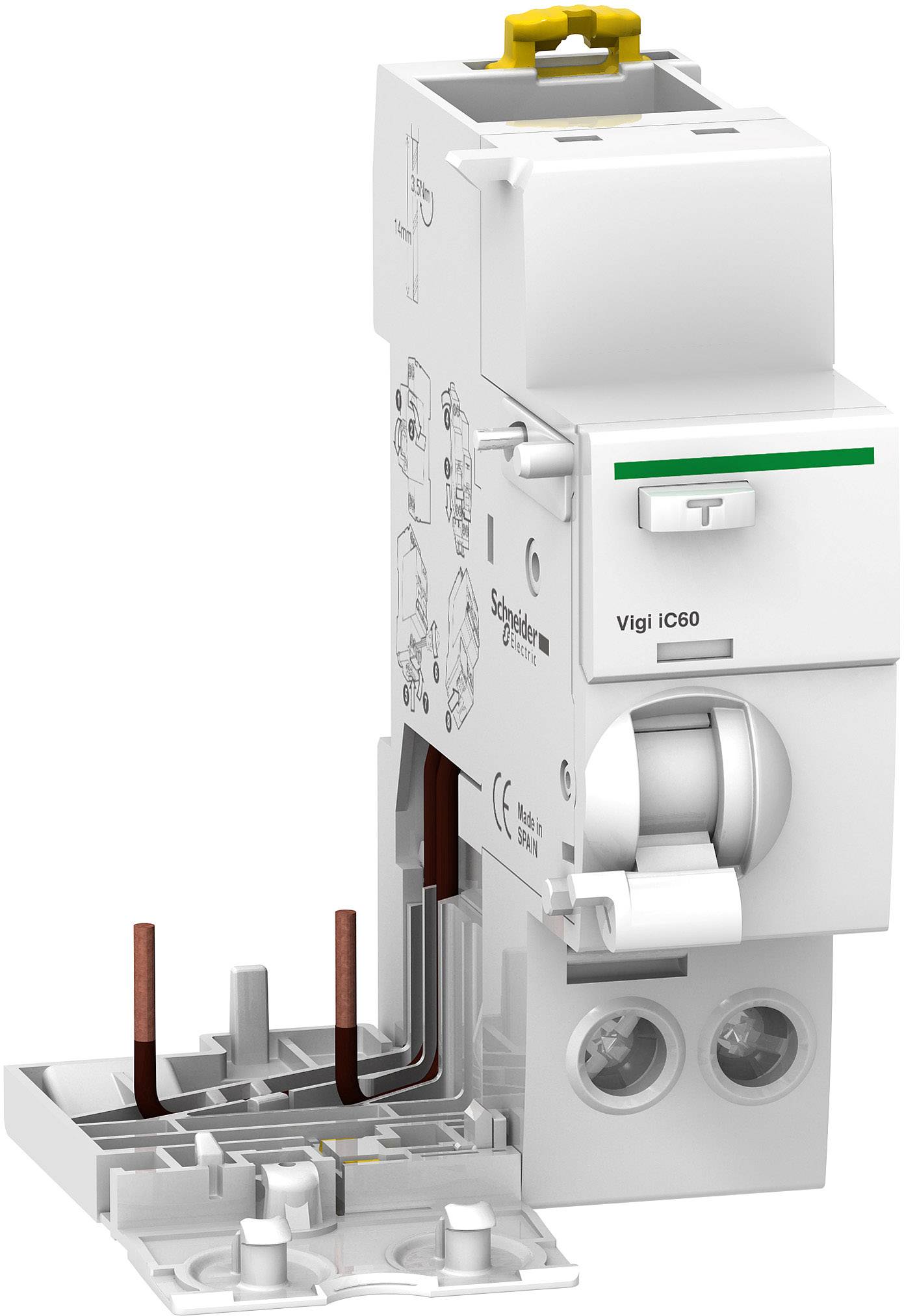Ein weißer, vertikaler Schutzschalter von Schneider Electric, Modell Vigi iC60, mit Kippschalter und grünem Streifen oben rechts.
