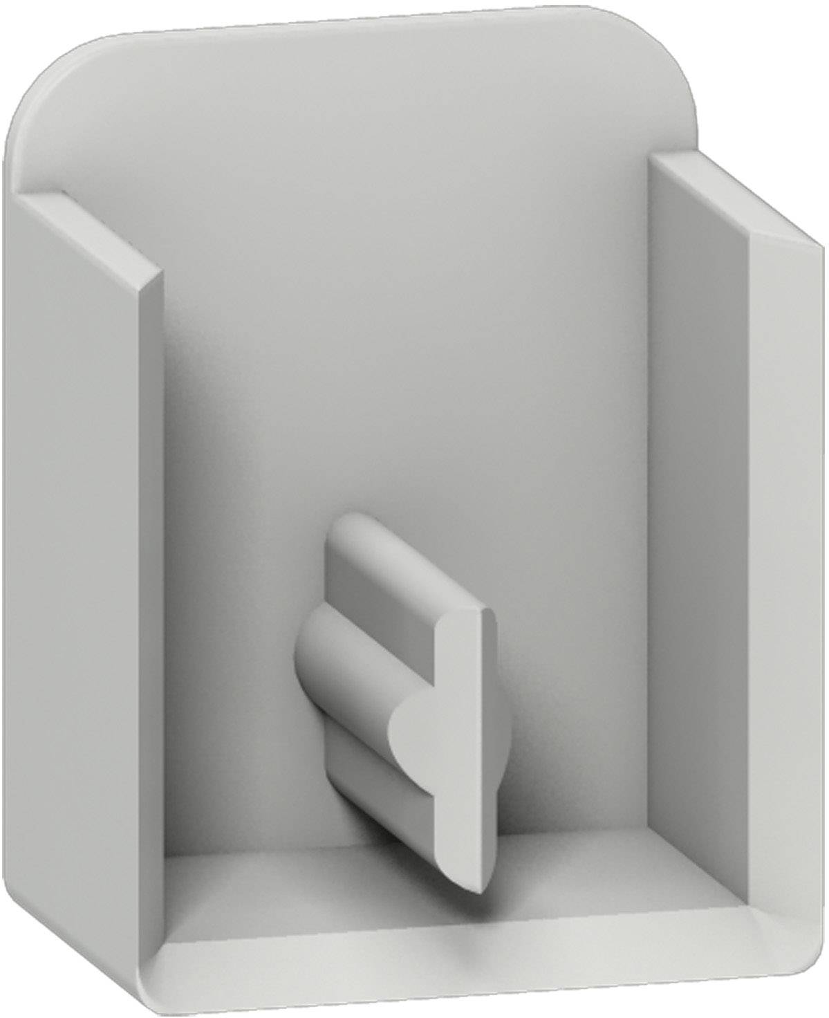 Grauer Kunststoffhalter mit einer mittigen Steckvorrichtung, geeignet zum sicheren Halten von rechteckigen Gegenständen.