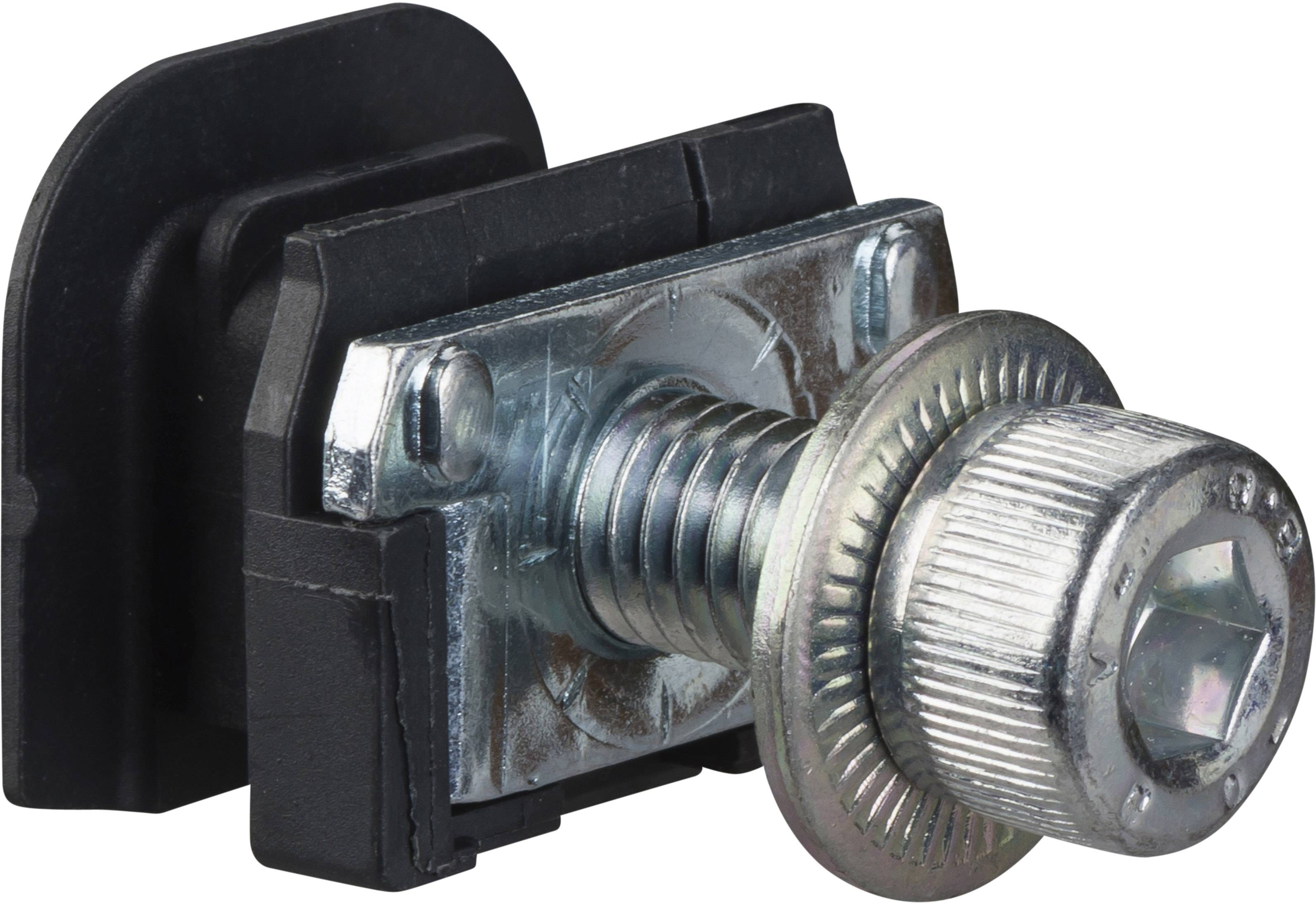 Metallschraube mit großem Gewinde und befestigter rechteckiger Kunststoffhalterung. Geeignet für mechanische Verbindungen.