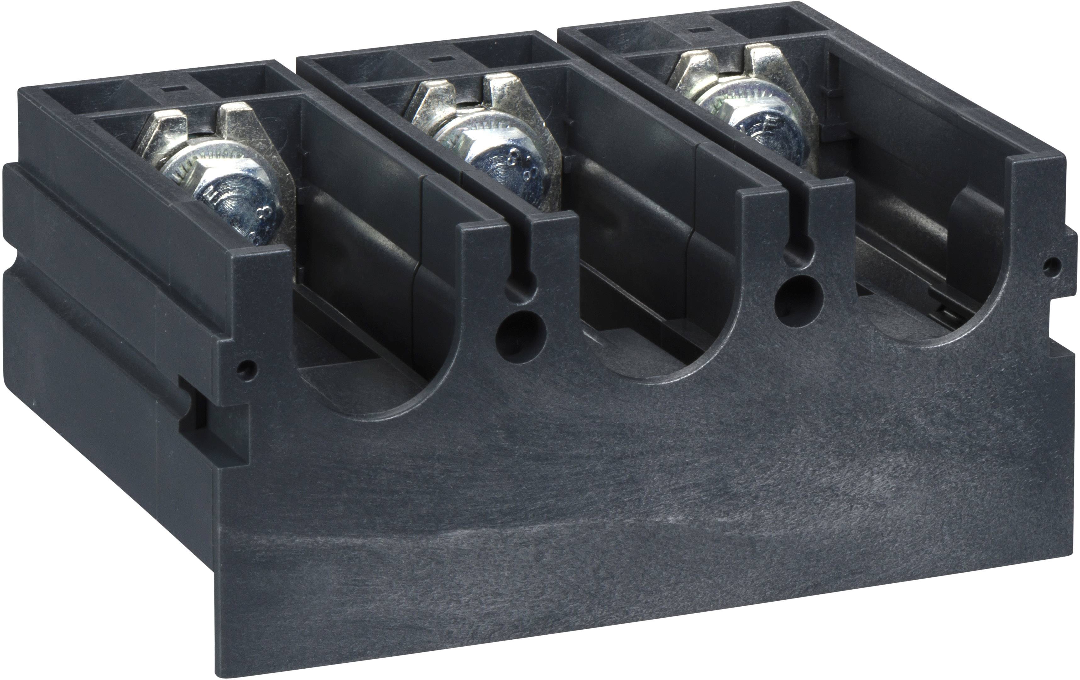 Ein schwarzer Kunststoffblock mit drei Schraubklemmen, geeignet für elektrische Verbindungen in industriellen Anwendungen.