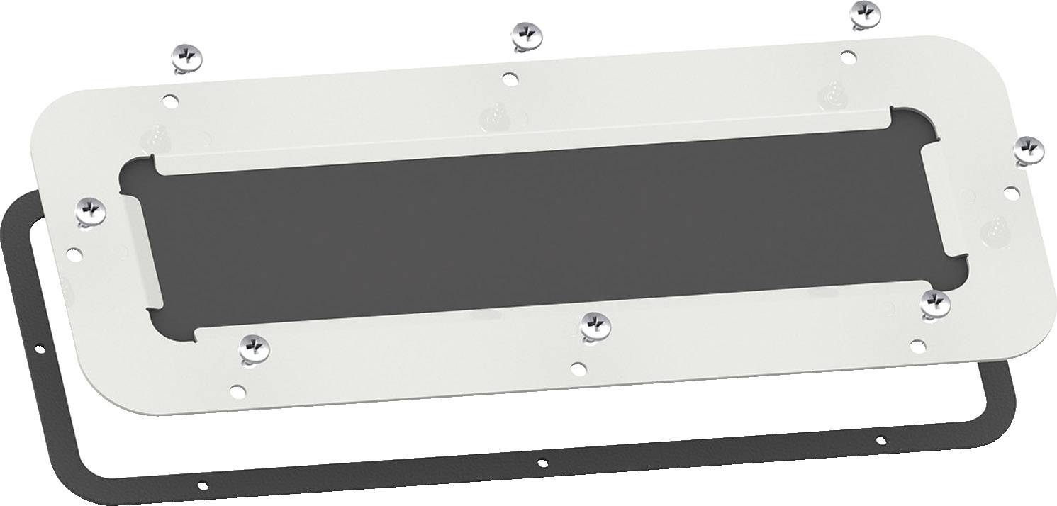 Rechteckige, flache Metallplatte mit Schrauben und Aussparungen, wahrscheinlich Teil einer Halterung oder Montagevorrichtung.