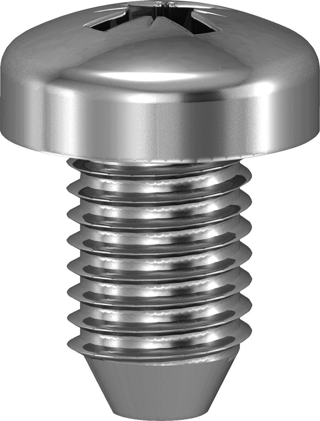 Großaufnahme einer silbernen Metall-Pozidriv-Schraube mit runder Kopfform und Gewinde, vor weißem Hintergrund.
