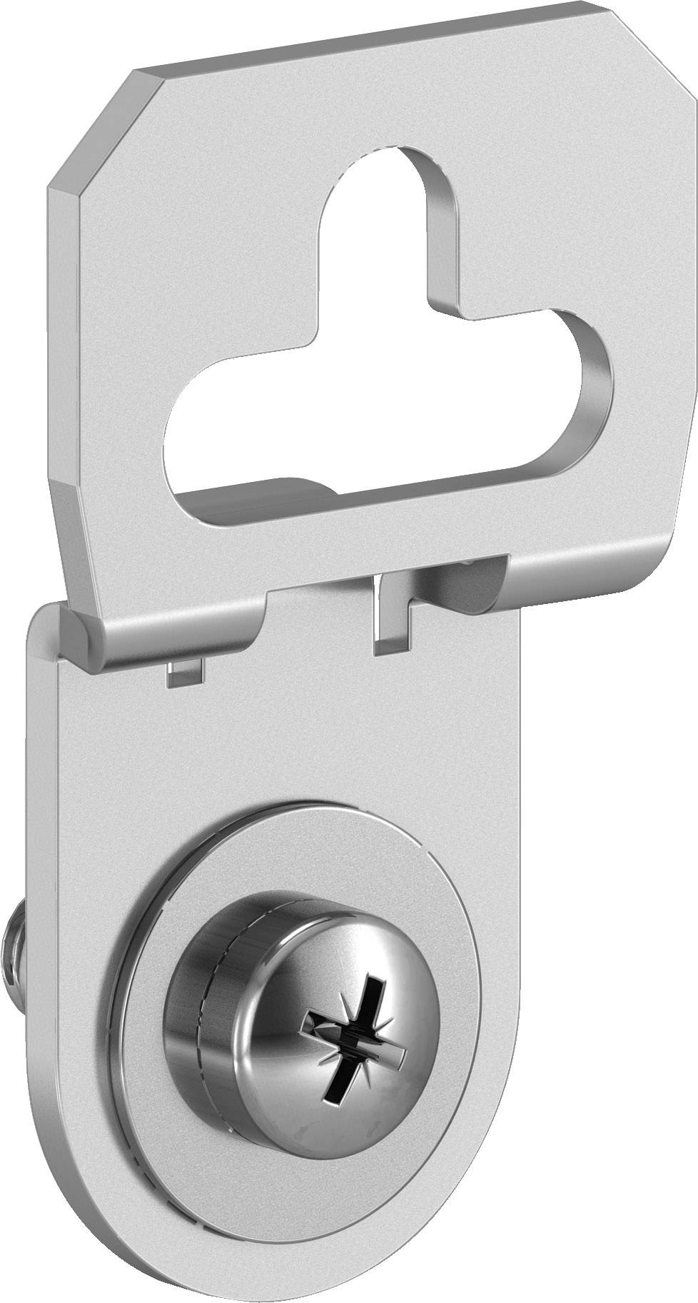 Ein Metallbeschlag mit Kreuzschlitzschraube, verwendet zur stabilen Befestigung von Bauteilen, zeigt ein kreuzförmiges Schlüsselloch.