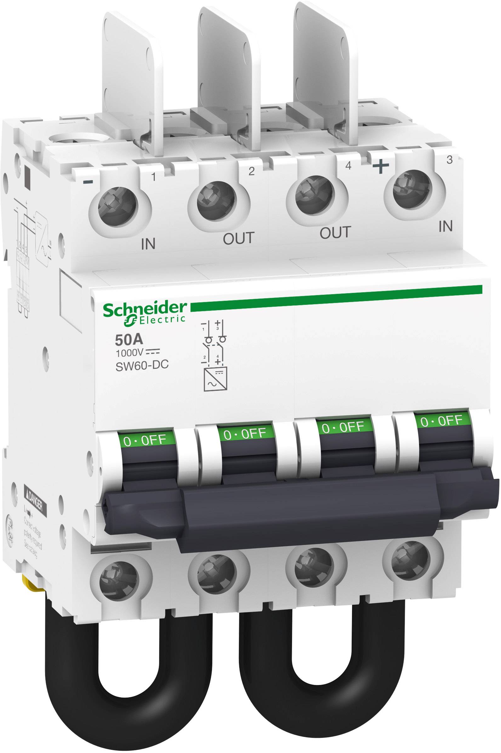 Ein dreipoliger Gleichstromschutzschalter von Schneider Electric, Modell SW60-DC, für 1000V und 50A, mit Ein-/Aus-Schaltern.