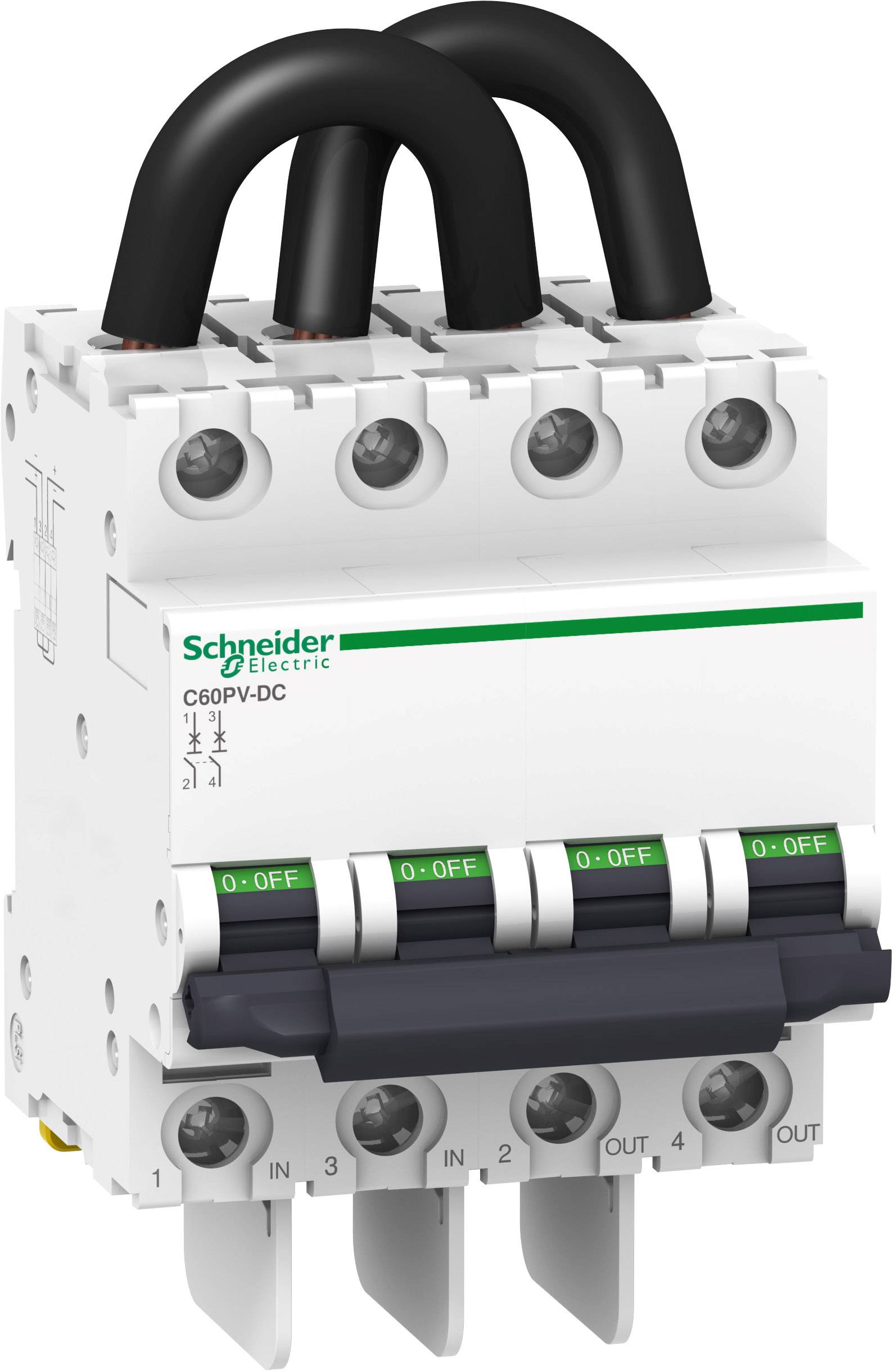 'Schneider Electric' C60PV-DC-Sicherungsautomat, entworfen zur Steuerung von Gleichstromkreisen, zeigt Schalter und Anschlussschrauben.
