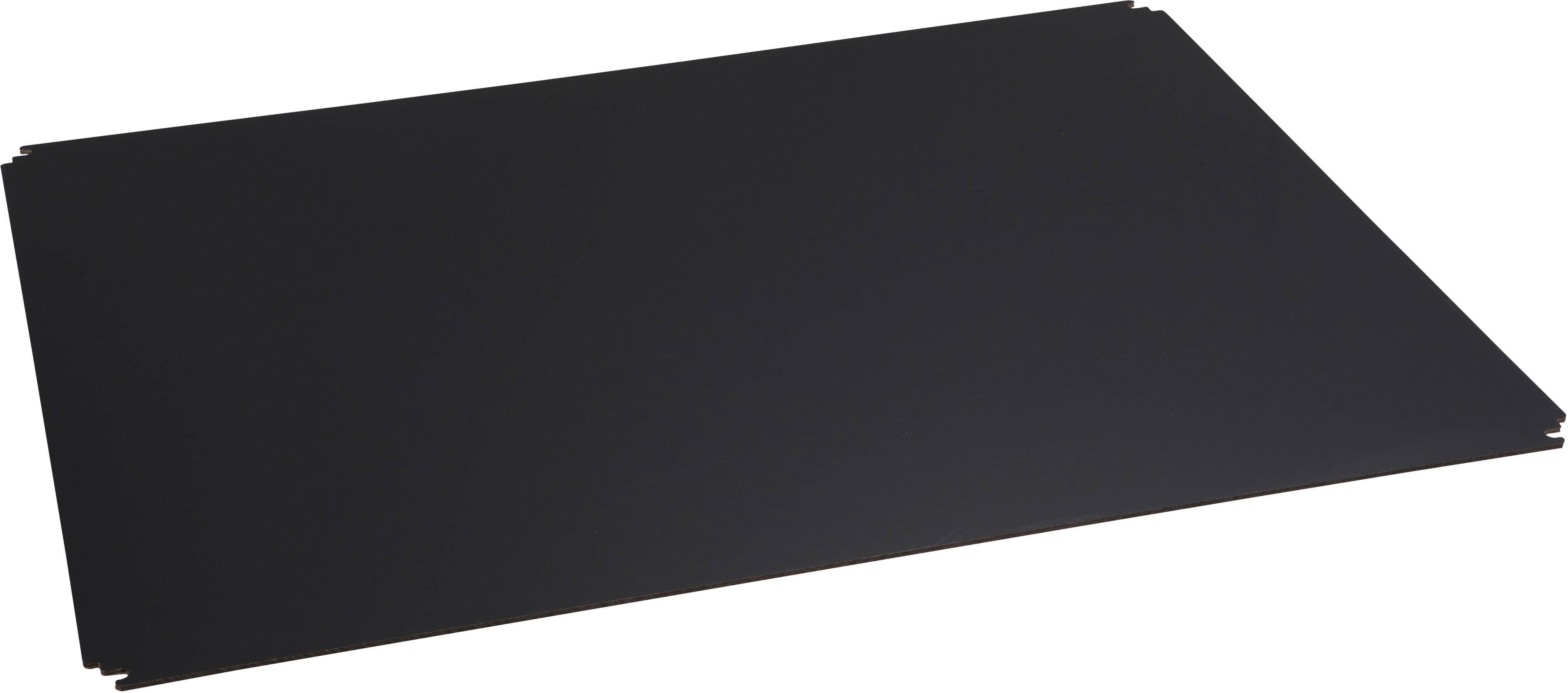 Eine rechteckige schwarze Platte oder Tafel, flach ausgerichtet.