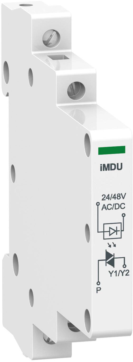 Weiße elektronische Komponente mit Beschriftung 'iMDU 24/48V AC/DC'; zeigt Symbole für Schaltkreise und Verbindungen.