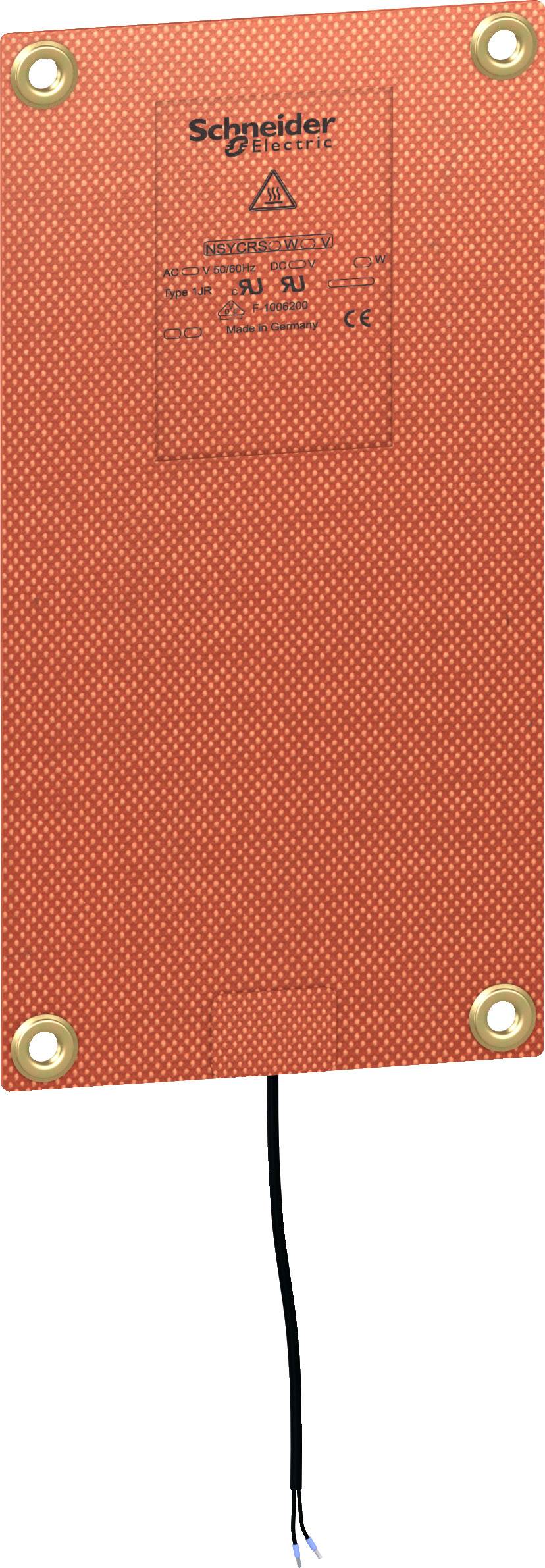 Oranger rechteckiger Heizwiderstand mit vier Befestigungslöchern und einem angeschlossenen schwarzen Kabel.