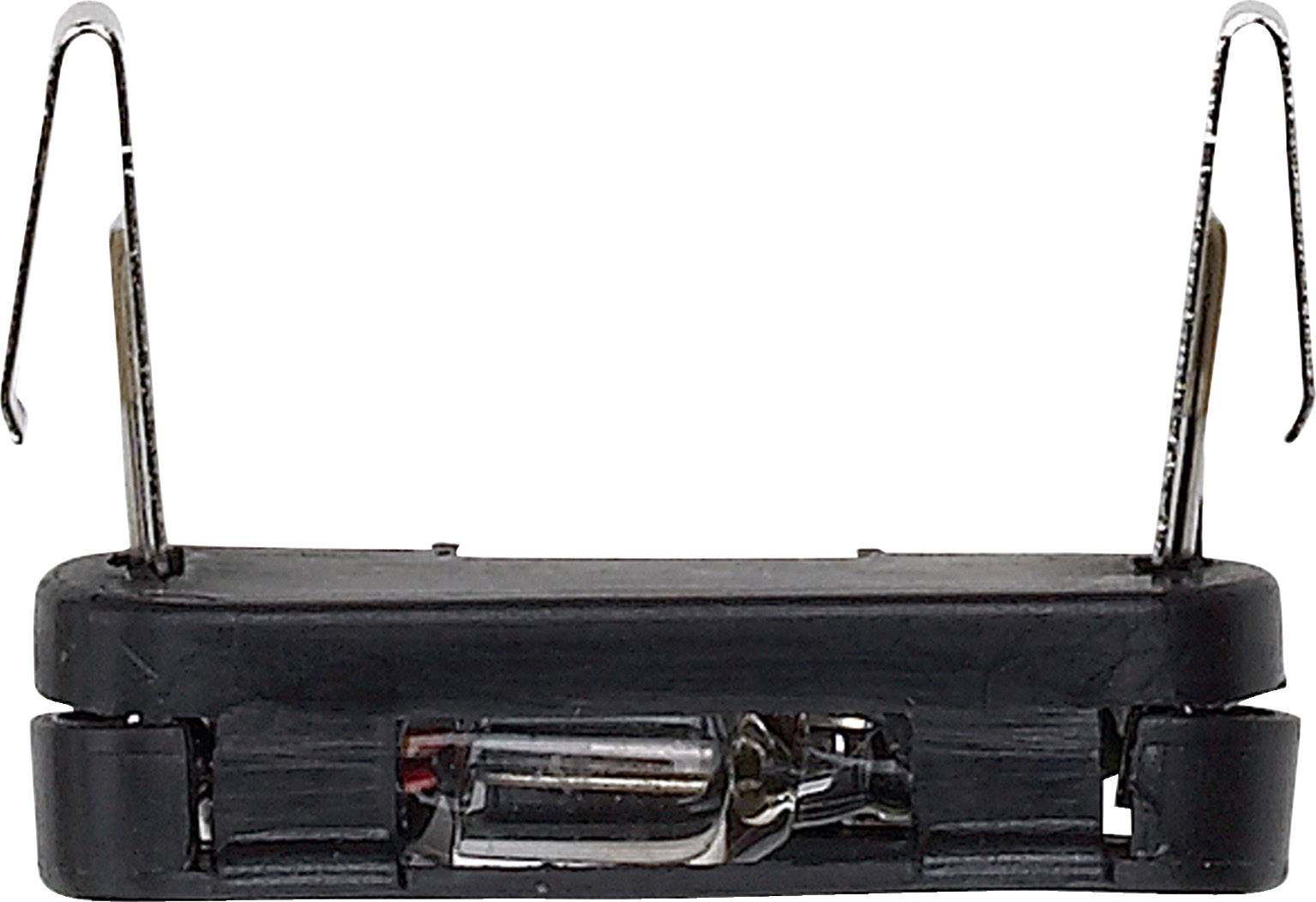 Eine schwarze, rechteckige elektronische Komponente mit einem Glaselement in der Mitte, zwei aufrechte Metallhaken an den Enden.