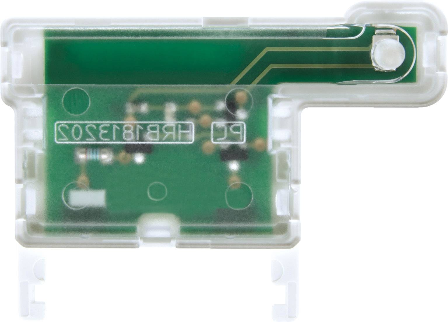 Grünes elektronisches Bauteil in transparenter Kunststoffhülle mit sichtbaren Schaltkreisen und Anschlüssen.