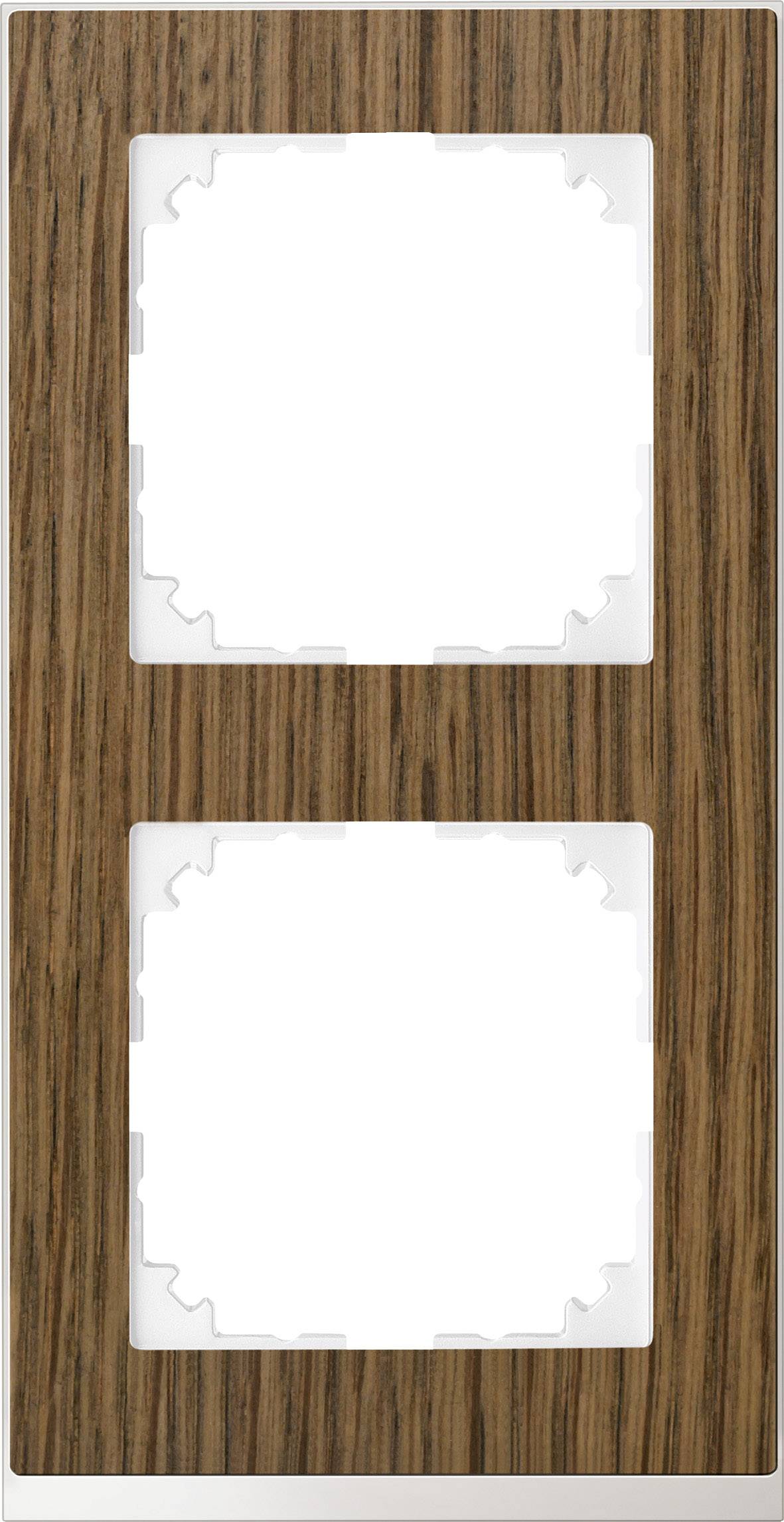 Ein Holzrahmen für zwei Steckdosen, rechteckig mit Platz für zwei Einsätze.