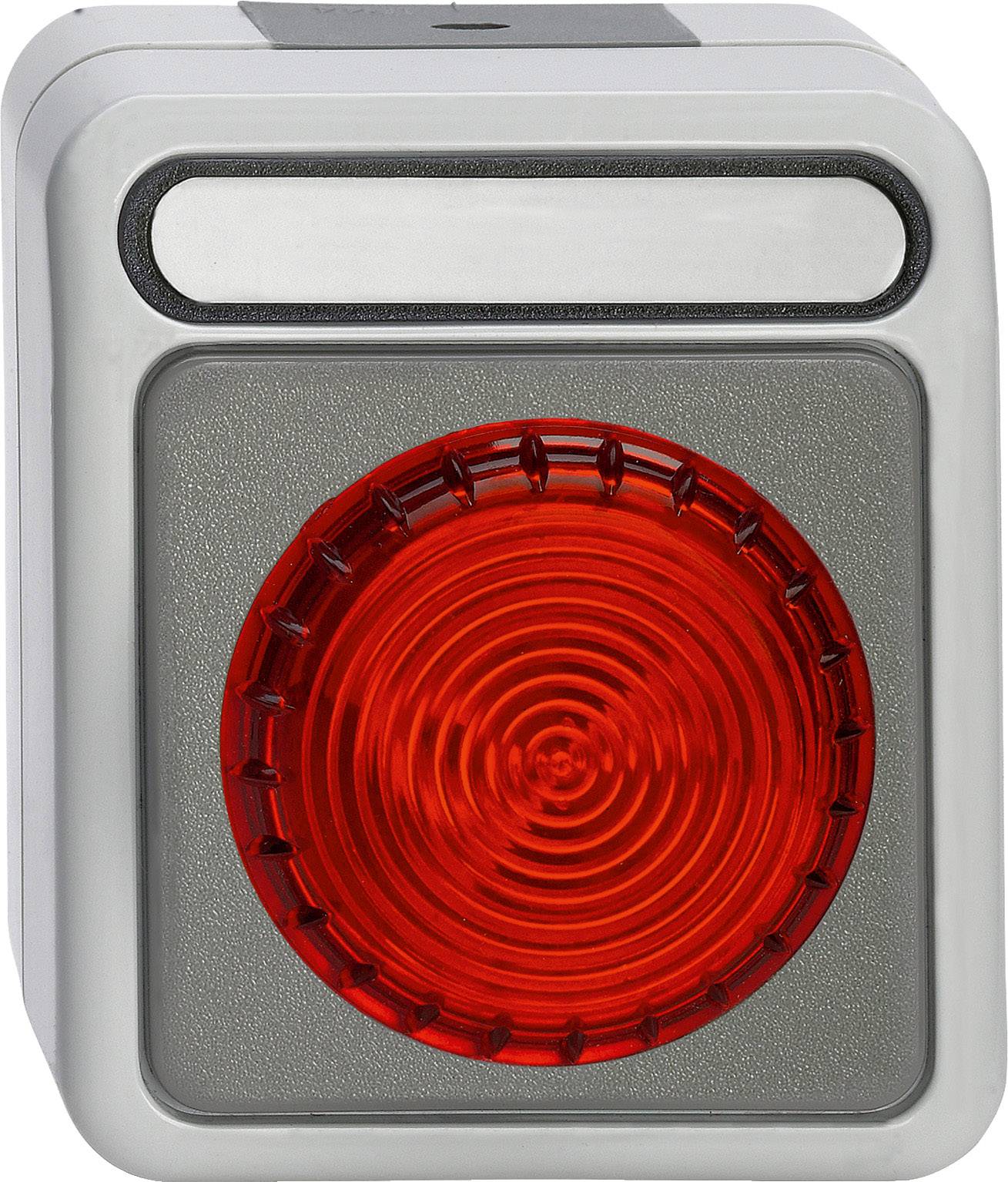 Ein silberner Taster mit großer roter Leuchte, typisch für Ampeln. Verwendet, um Fußgängersignale an einer Straße zu aktivieren.