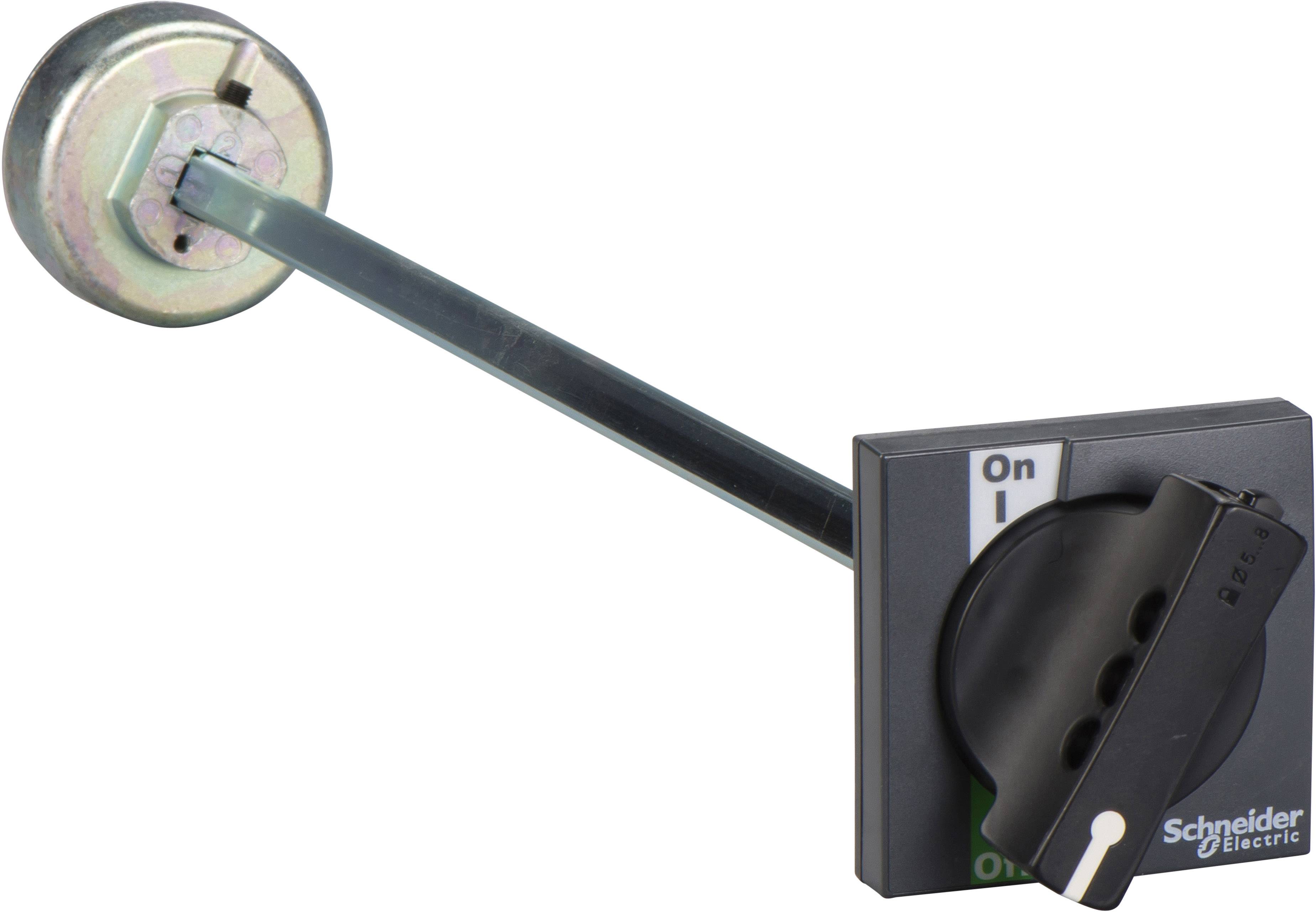 Ein schwarzer Schaltschrank-Griff von Schneider Electric mit zwei Positionen: 'On' und 'Off', montiert an einem Metallarm.