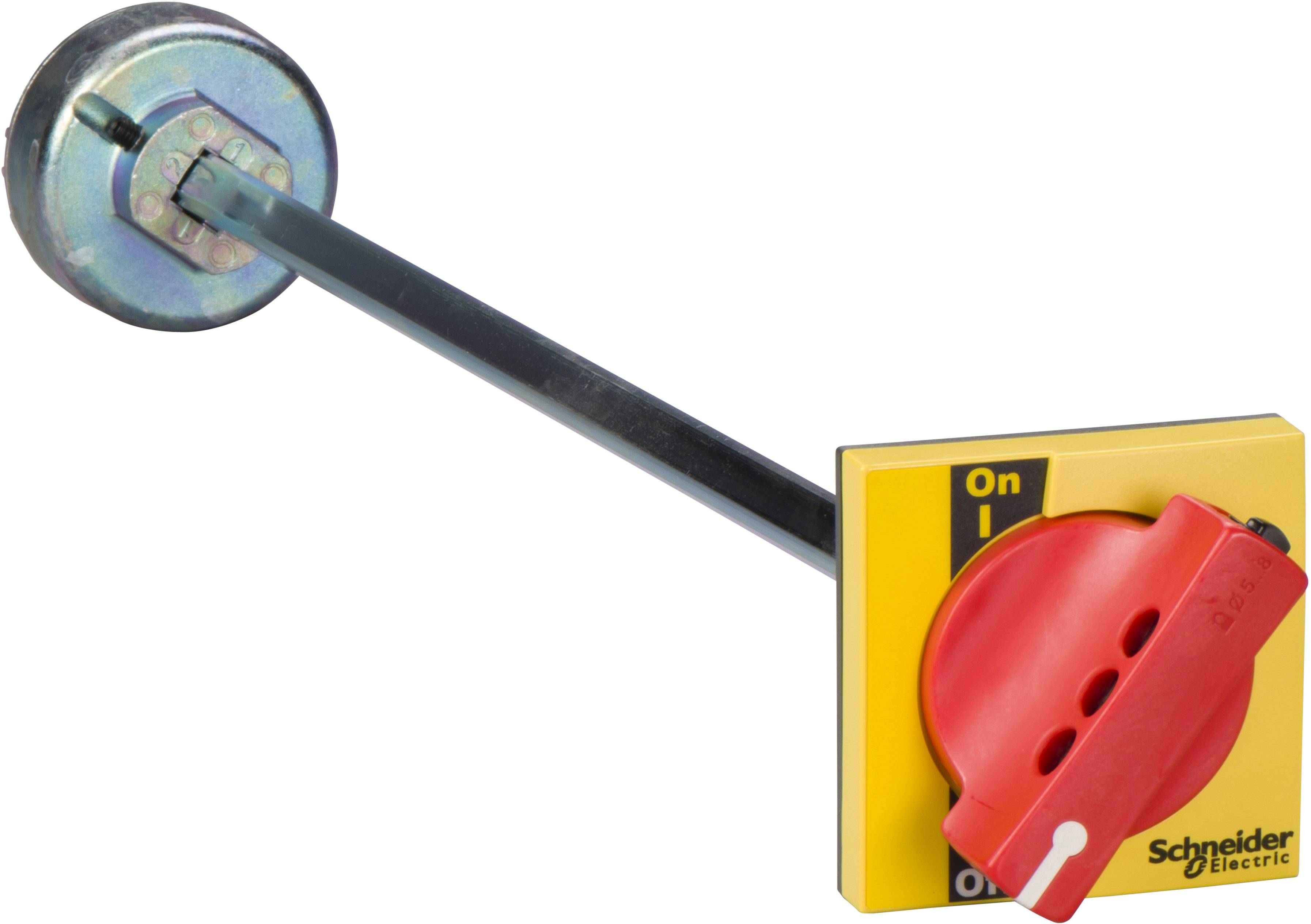 Not-Aus-Schalter: Gelbes, quadratisches Bedienfeld mit rotem Drehknopf, gekennzeichnet mit 'Schneider Electric', Hebel zeigt 'On'.
