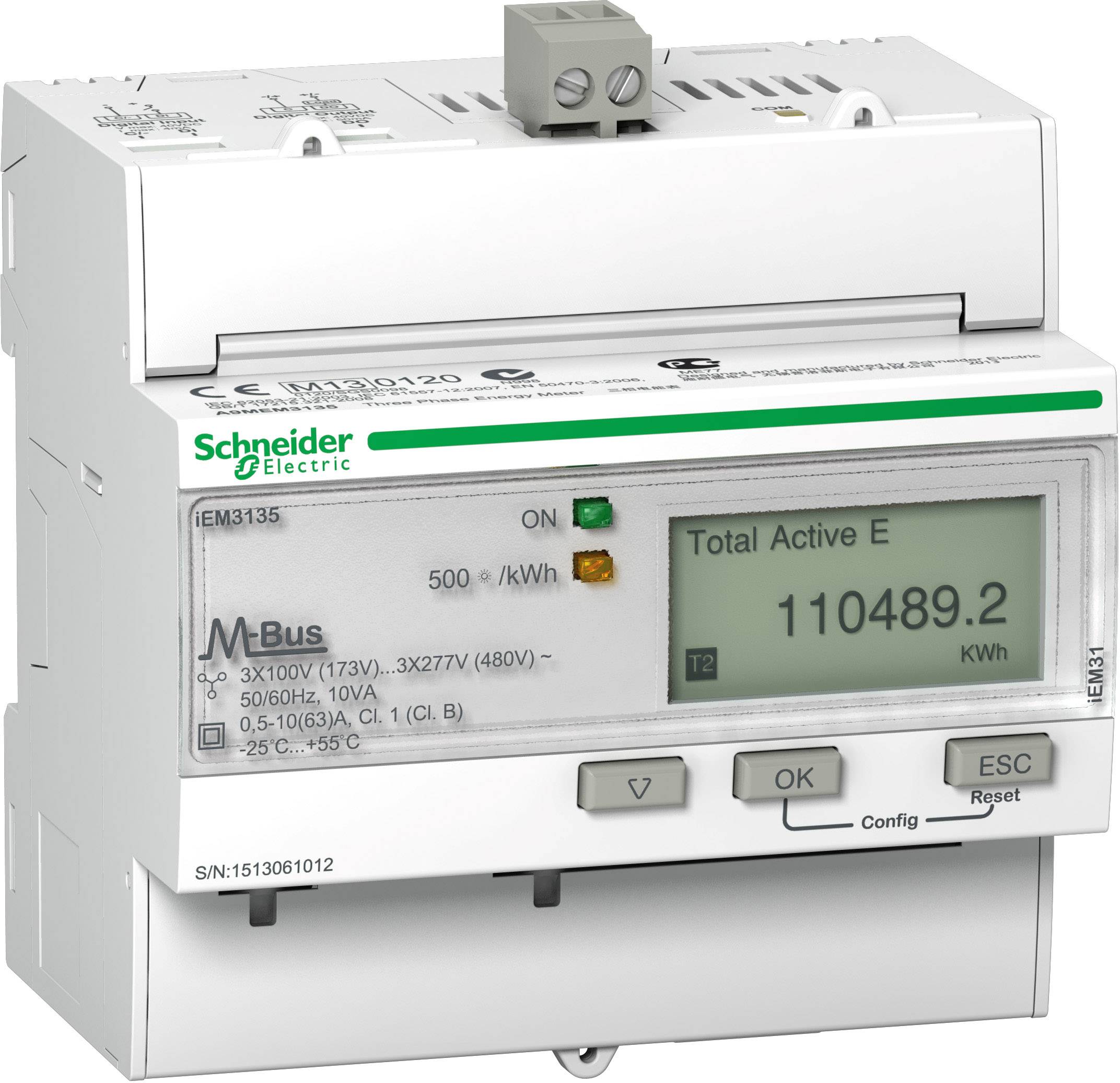 Ein digitaler Stromzähler von Schneider Electric, Modell iEM3135, zeigt auf dem Display 'Total Active E 110489.2 kWh' an.