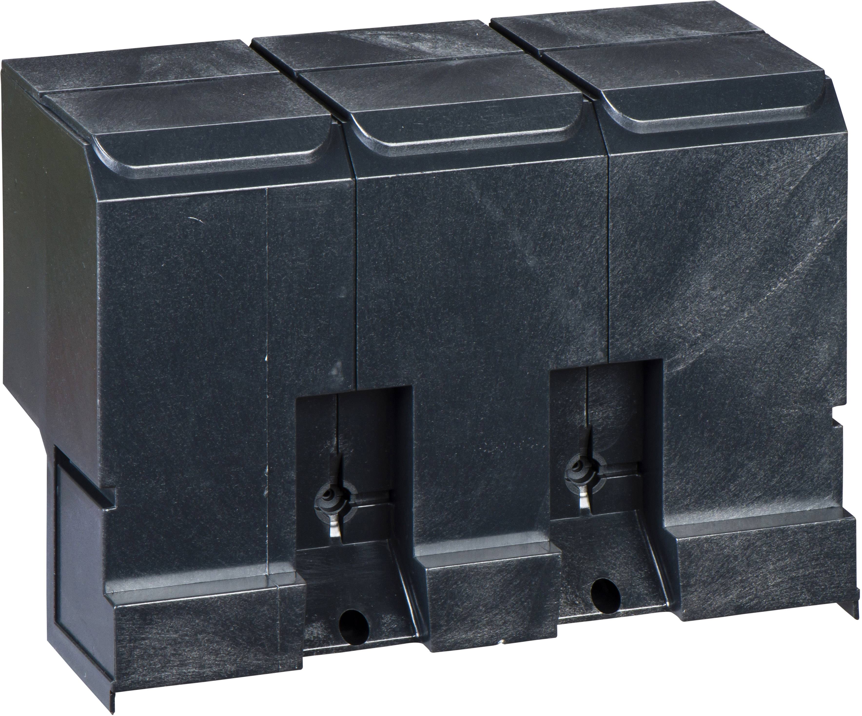 Ein schwarzer dreiteiliger elektrischer Anschlussblock, der für die Installation und Verbindung von elektrischen Schaltanlagen verwendet wird.