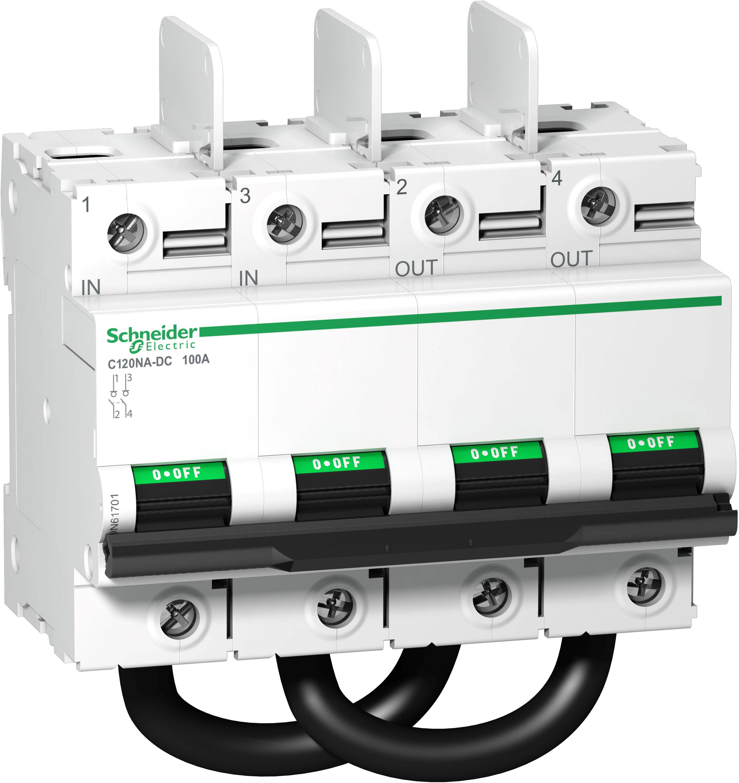 Leistungsschalter von Schneider Electric mit vier Schaltern, gekennzeichnet als 'ON' und 'OFF', geeignet für Stromverteilung.