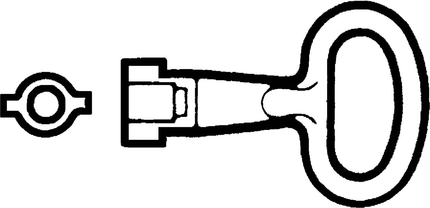Schwarz-weiße technische Zeichnung eines Schlüssels, bestehend aus einem runden Griff und einem zahnlosen Schaft, neben einer ovalen Form.