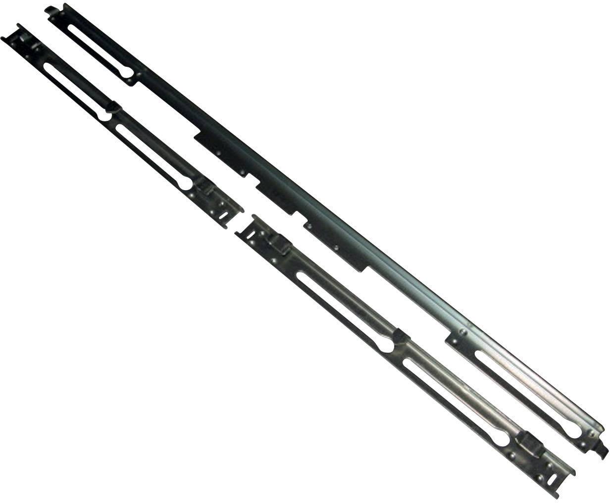 Zwei schwarze Metallschienen, die parallel zueinander liegen, mit länglichen Öffnungen und Befestigungspunkten.