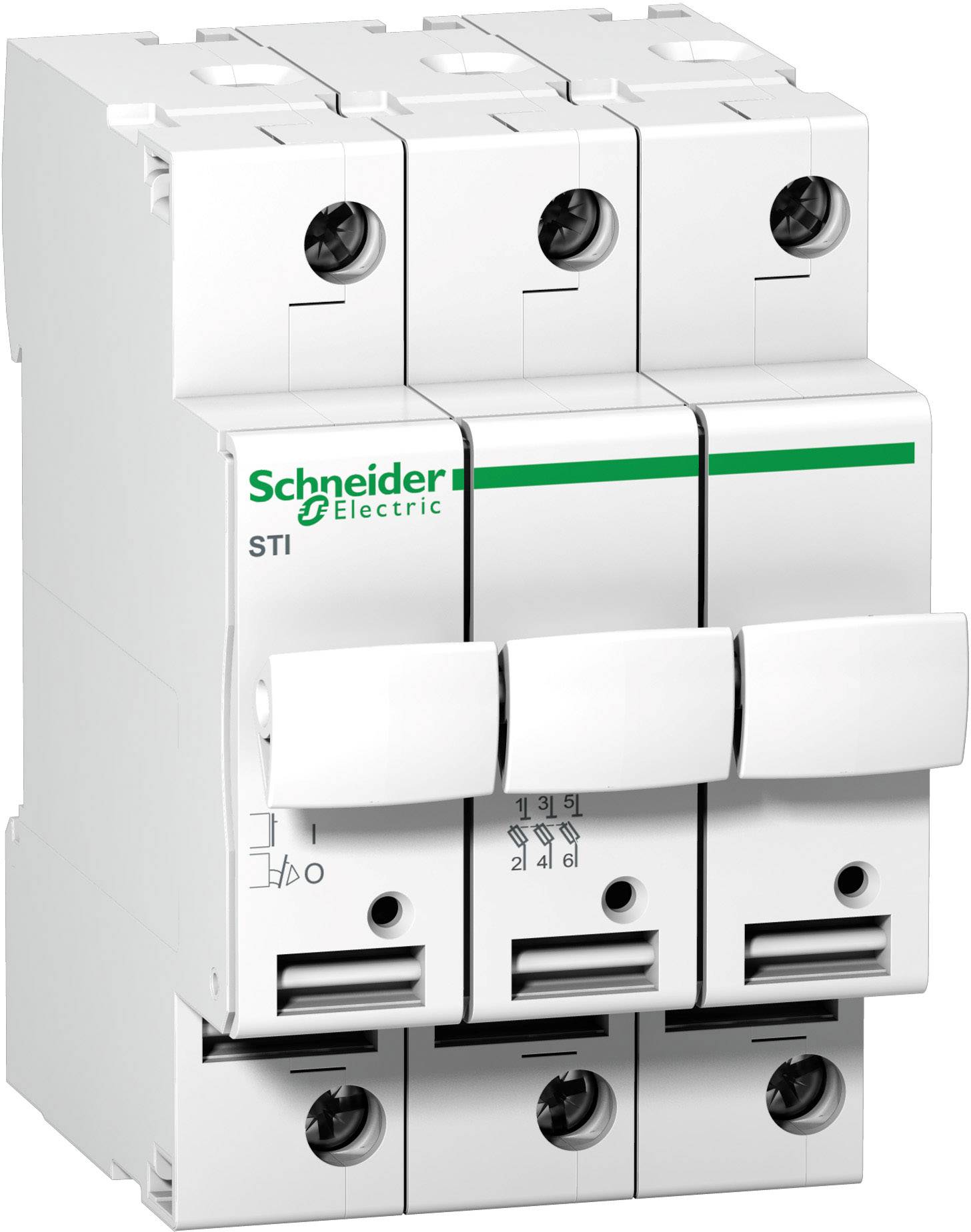 Ein weißer dreipoliger Leitungsschutzschalter der Marke Schneider Electric, Modell STI. Er ist für elektrische Installationen gedacht.
