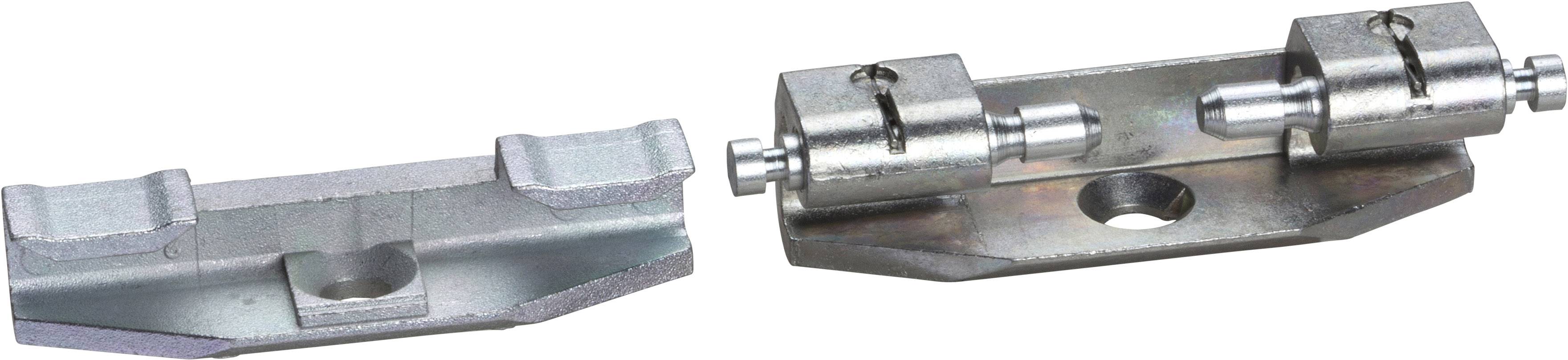 Metallene Gelenkverbinder in zwei Teilen, geeignet für Möbel- oder Maschinenelemente. Zeigt Schraublöcher für die Montage.