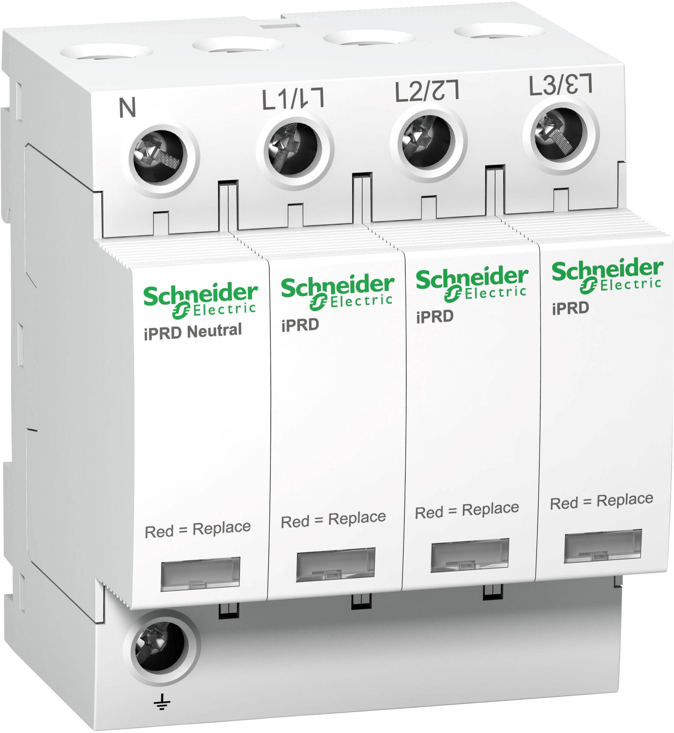 'Schneider Electric' Überspannungsschutzgerät mit vier Modulen für Phasen N, L1/L1', L2/L2', L3/L3'. Hinweis: 'Rot = Ersetzen'.