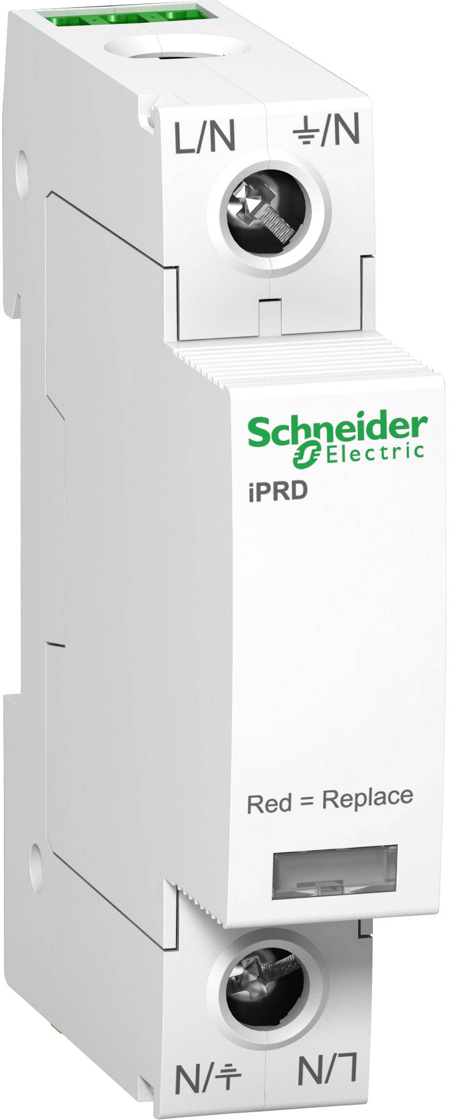 Schneider Electric iPRD Überspannungsschutzgerät. Beschriftung: Red = Replace. Zweipoliges Gerät zur Montage im Verteilerkasten.