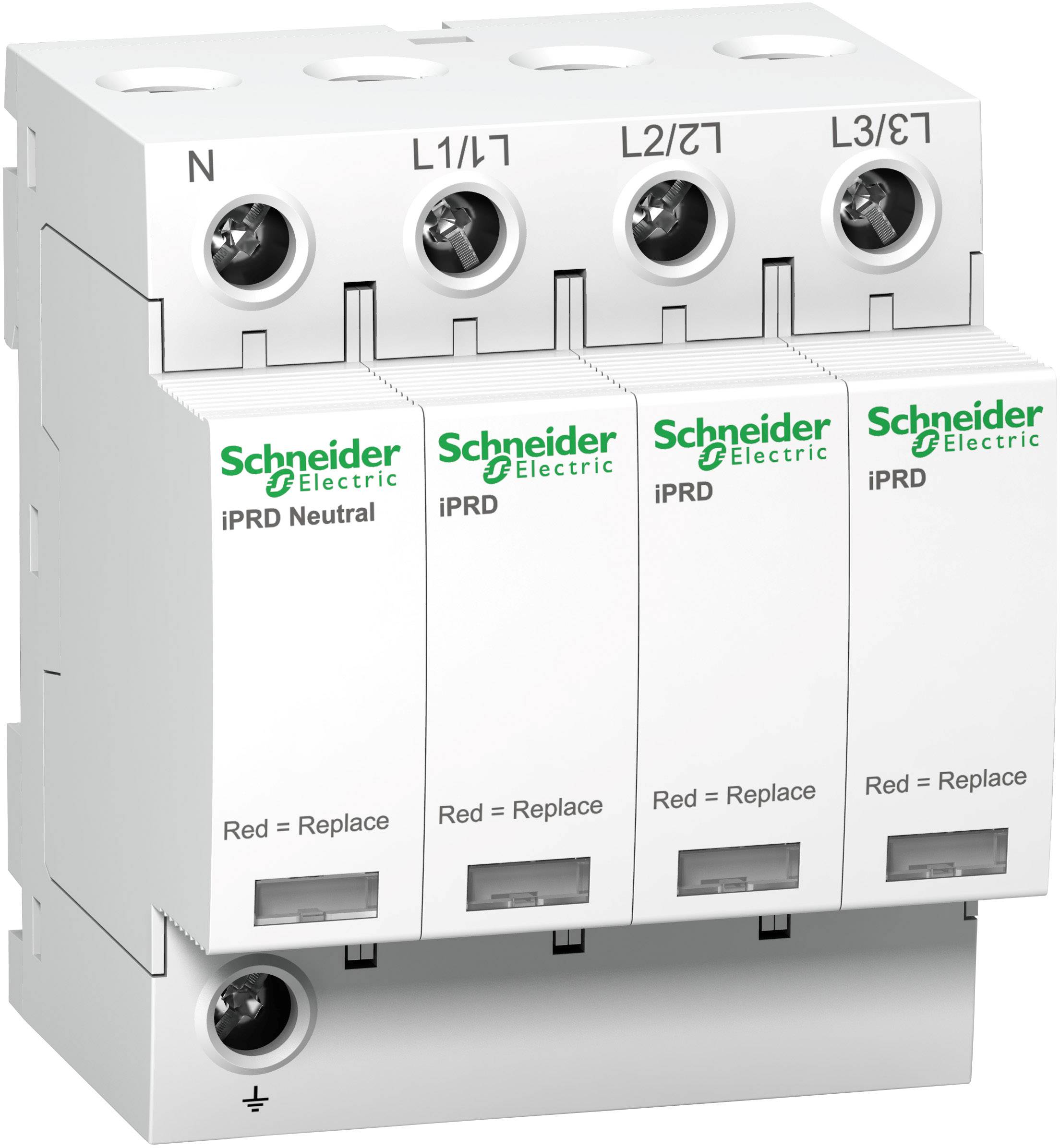 Ein Überspannungsableiter von Schneider Electric mit vier abnehmbaren Modulen, gekennzeichnet mit 'Neutral', 'L1/LT', 'L2/LT', 'L3/LT'.