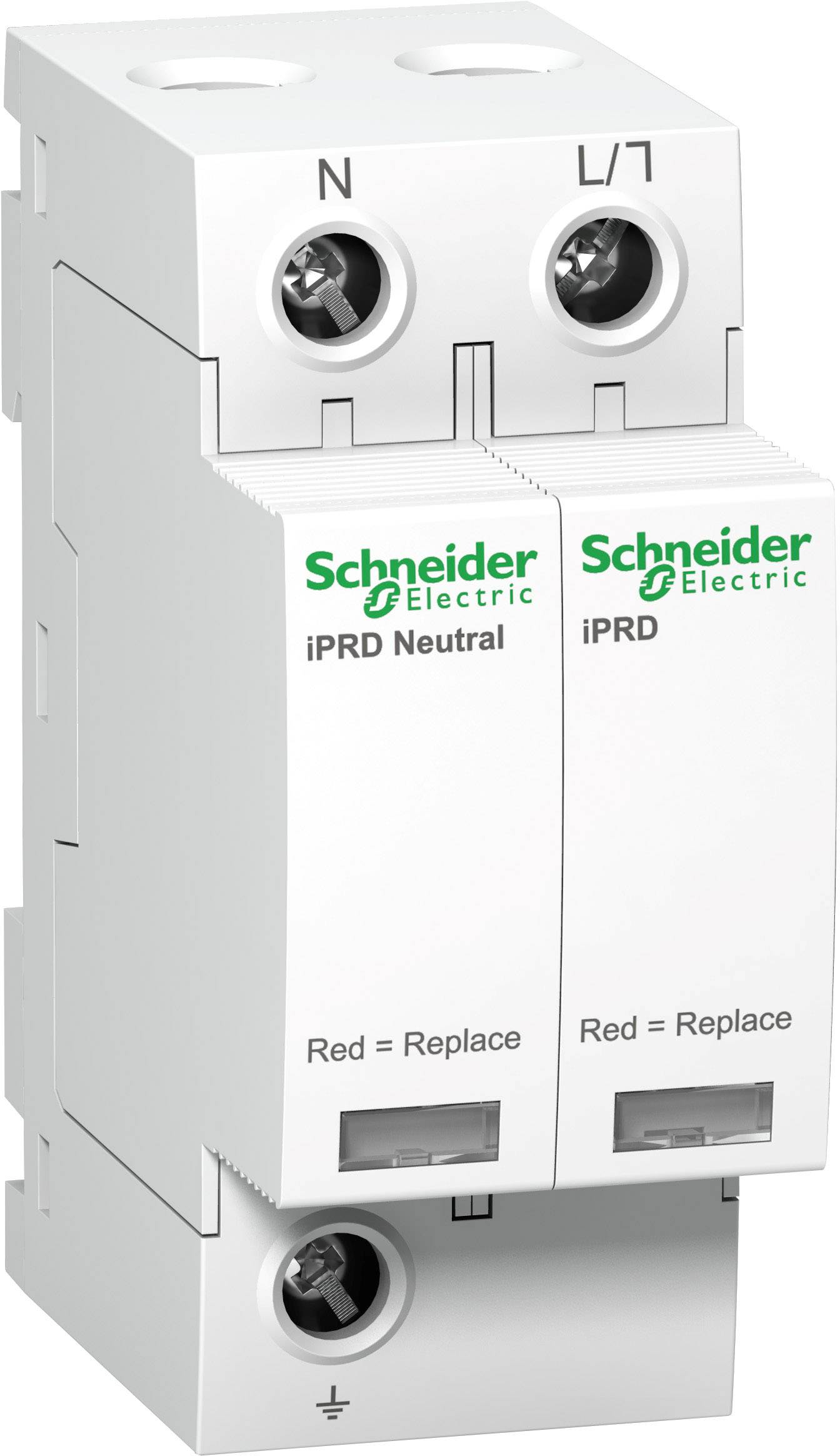 Leitungsschutzschalter von Schneider Electric mit zwei Kippschaltern, beschriftet mit 'iPRD Neutral' und 'iPRD'. Indikator 'Red = Replace'.