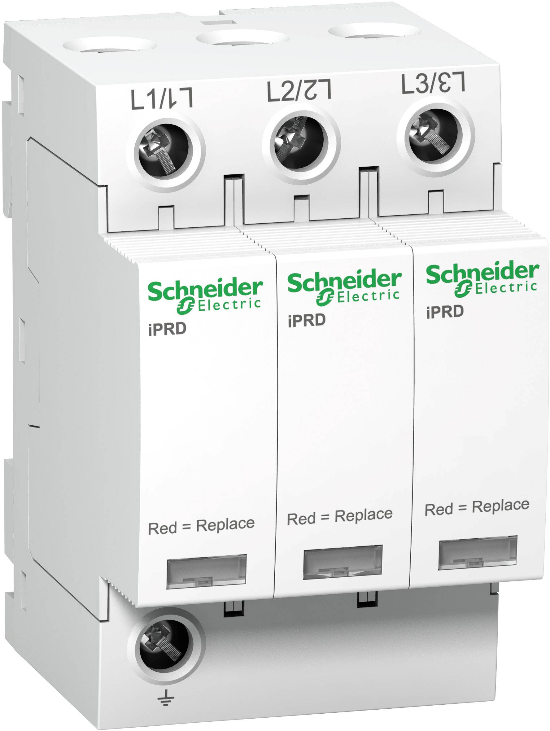 Überspannungsschutzgerät von Schneider Electric mit drei Modulen L1/L2/L3, Hinweis 'Red = Replace'. Für elektrische Sicherheit.