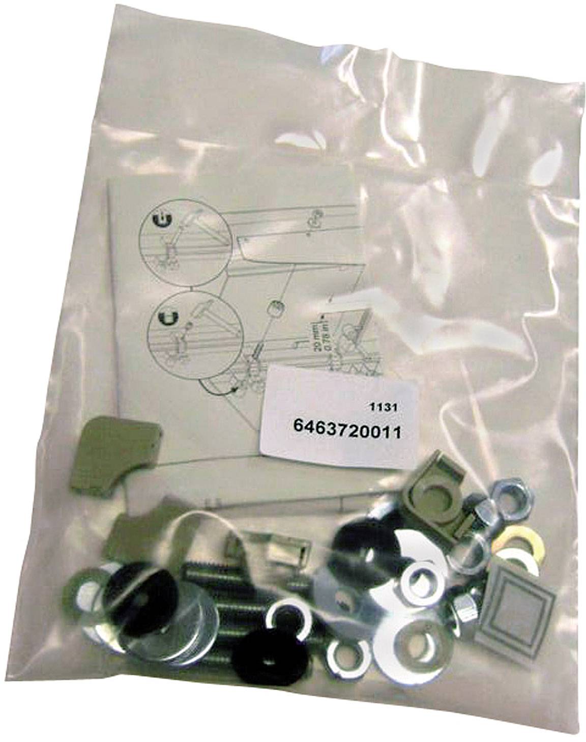 Tüte mit verschiedenen Metallbeschlägen und einer Anleitung, mit der Artikelnummer '6463720011' auf einem Etikett.