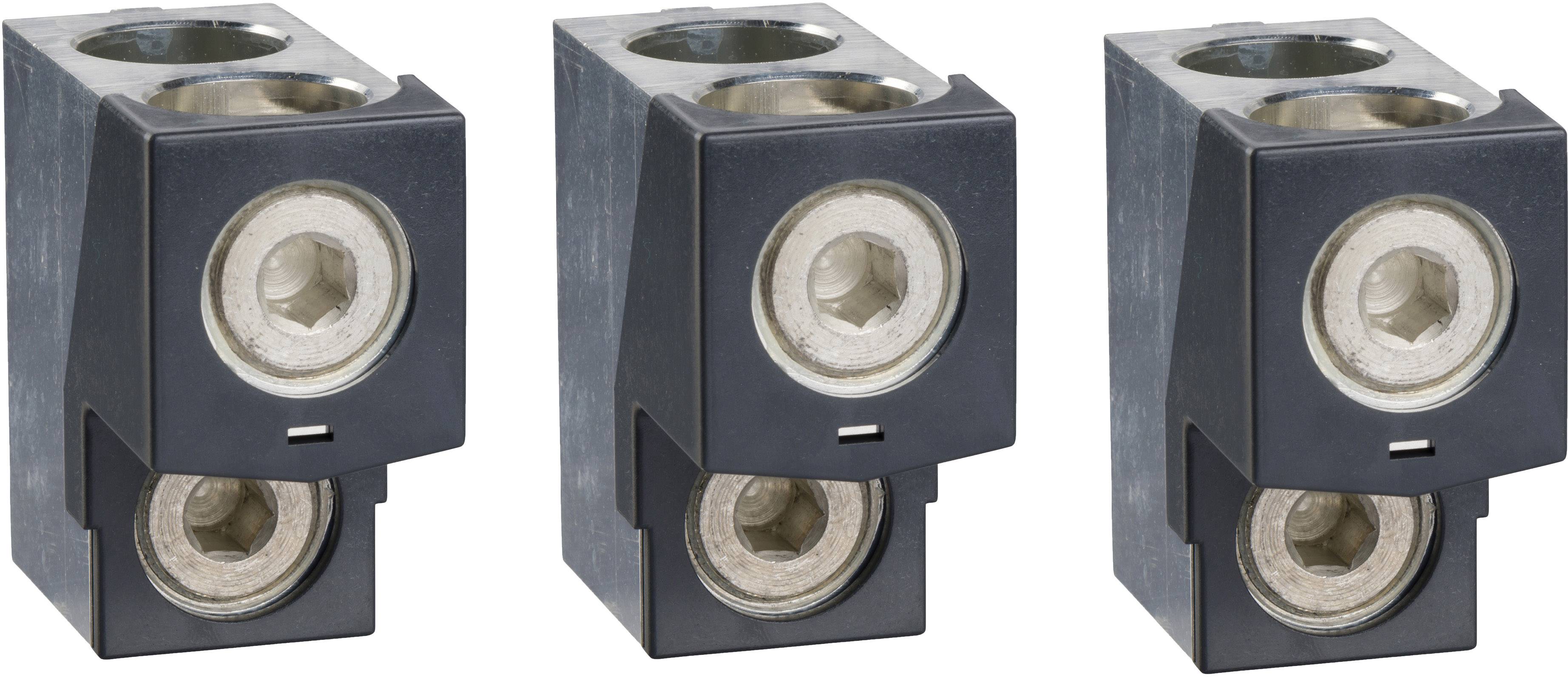 Drei metallische Klemmen mit sechseckigen Schrauben zur Befestigung elektrischer Kabel, vor einem weißen Hintergrund.